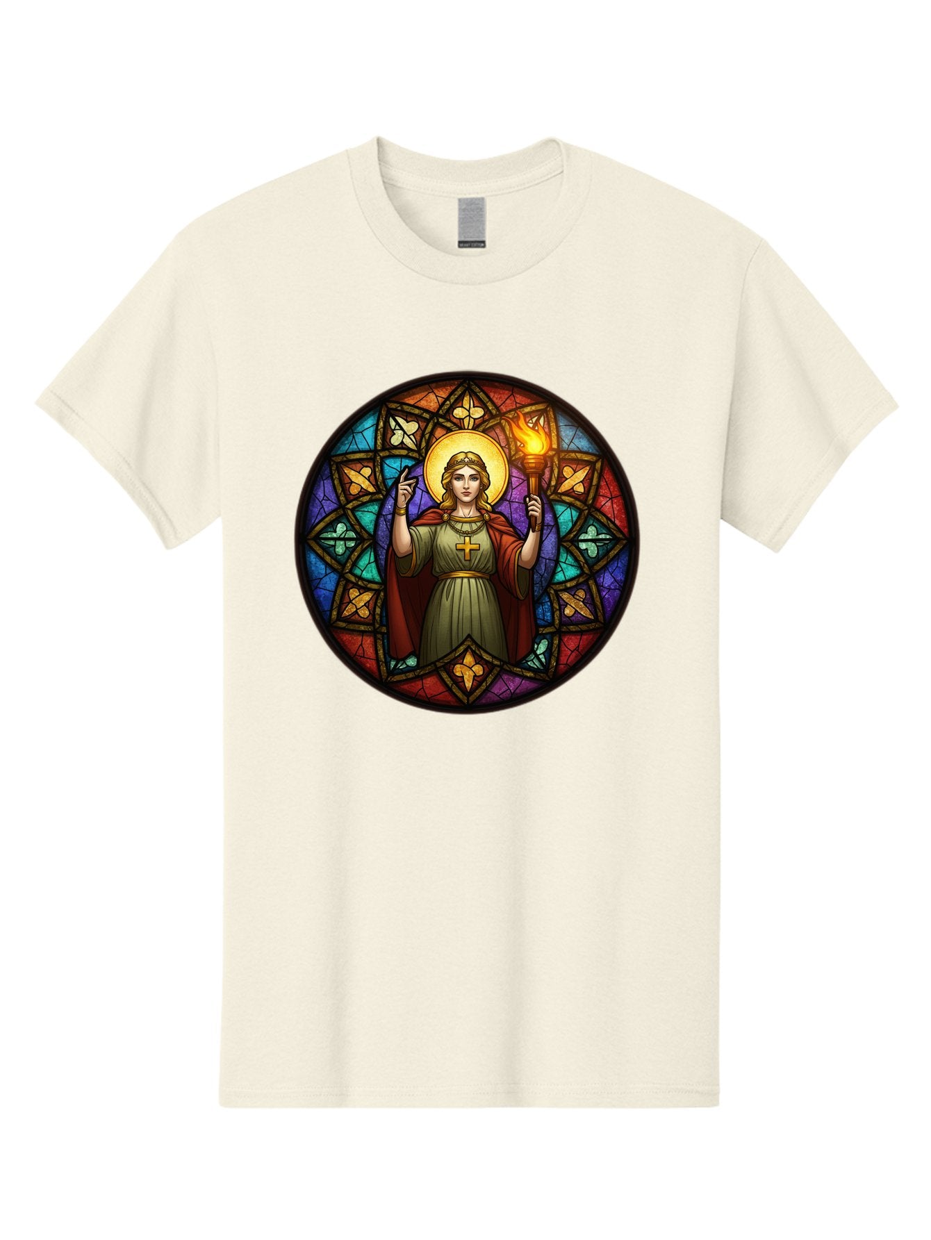 Saint-With-Torch-Stained-Glass Men'S Graphic Tee, 100% Cotton, Comfortable Casual Summer Wear, Machine Washable, Stained Glass Window, Saint With Torch, Cross Pendant, Floral Patterns, Vibrant Colors, Religious Art, Sacred Imagery, Bad505 11