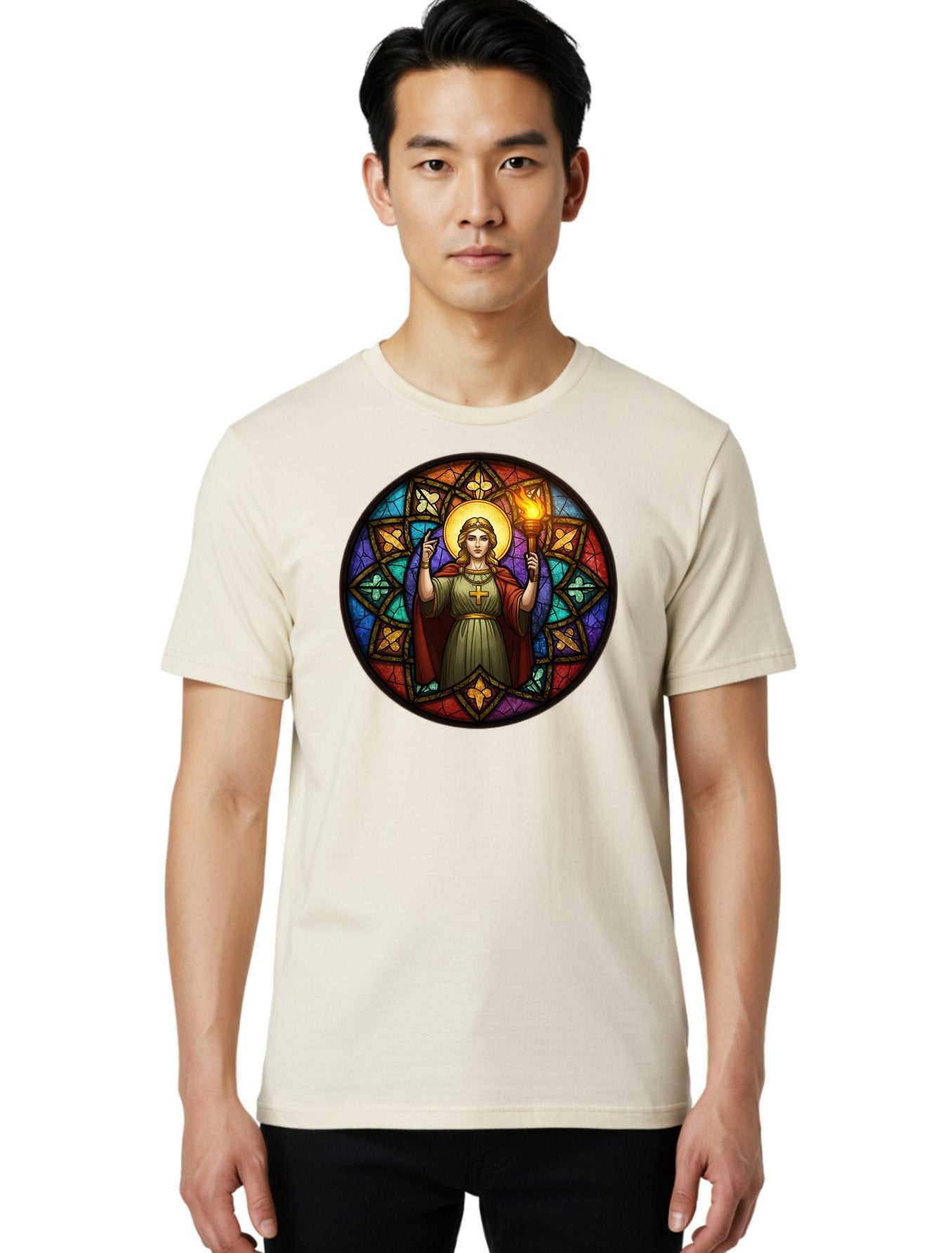 Saint-With-Torch-Stained-Glass Men'S Graphic Tee, 100% Cotton, Comfortable Casual Summer Wear, Machine Washable, Stained Glass Window, Saint With Torch, Cross Pendant, Floral Patterns, Vibrant Colors, Religious Art, Sacred Imagery, Bad505 27