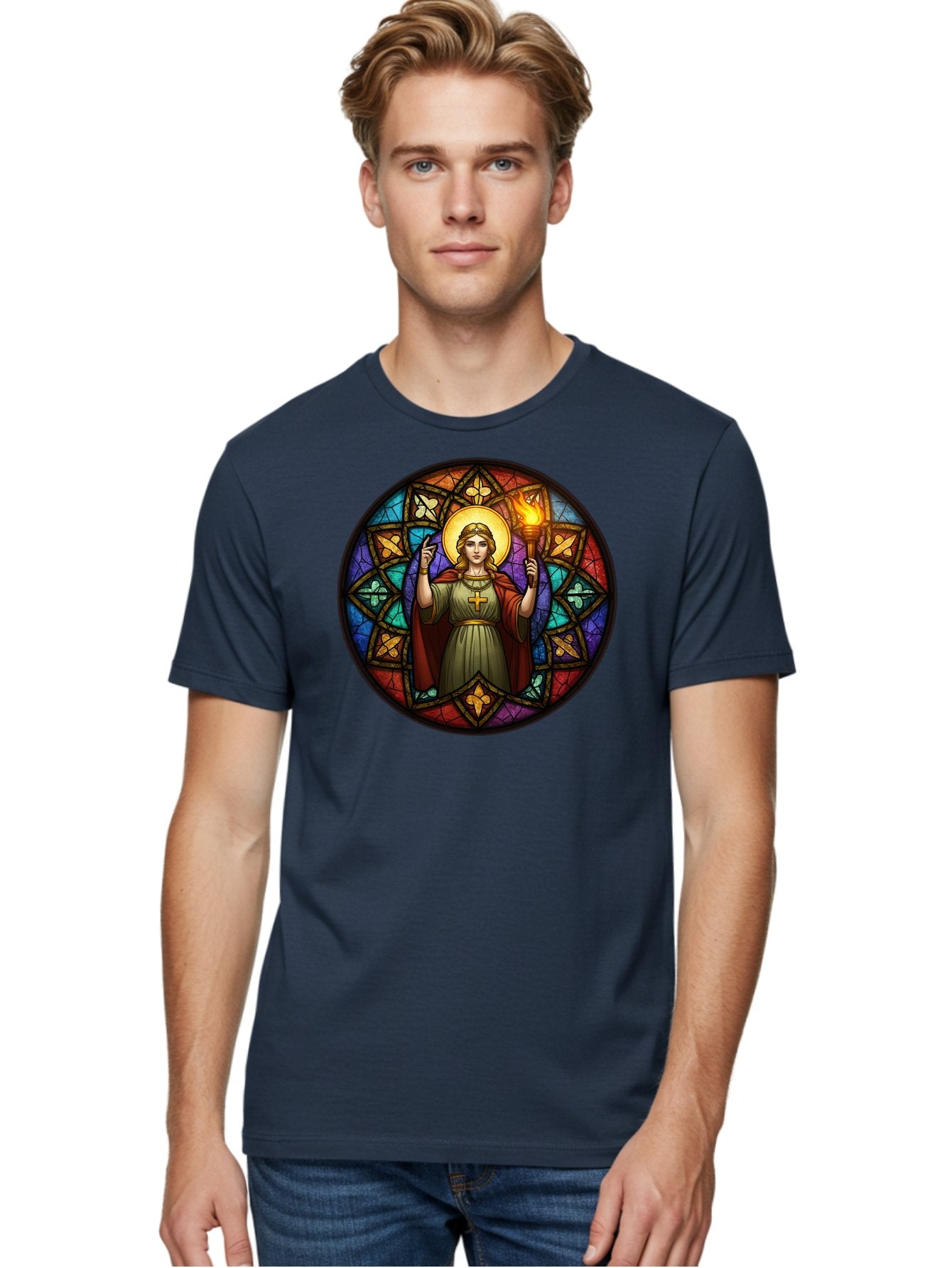 Saint-With-Torch-Stained-Glass Men'S Graphic Tee, 100% Cotton, Comfortable Casual Summer Wear, Machine Washable, Stained Glass Window, Saint With Torch, Cross Pendant, Floral Patterns, Vibrant Colors, Religious Art, Sacred Imagery, Bad505 28