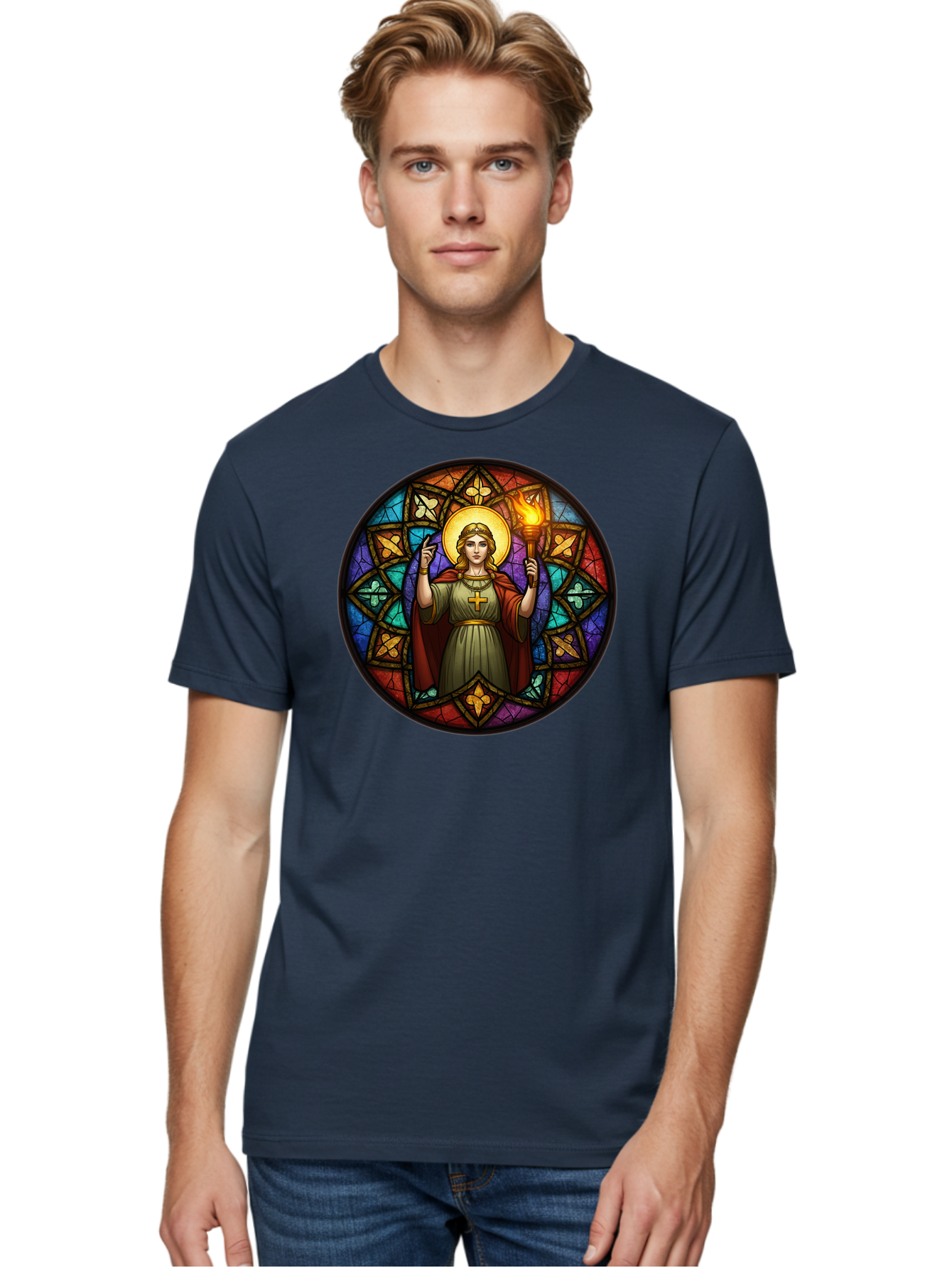 Saint-With-Torch-Stained-Glass Men'S Graphic Tee, 100% Cotton, Comfortable Casual Summer Wear, Machine Washable, Stained Glass Window, Saint With Torch, Cross Pendant, Floral Patterns, Vibrant Colors, Religious Art, Sacred Imagery, Bad505 18
