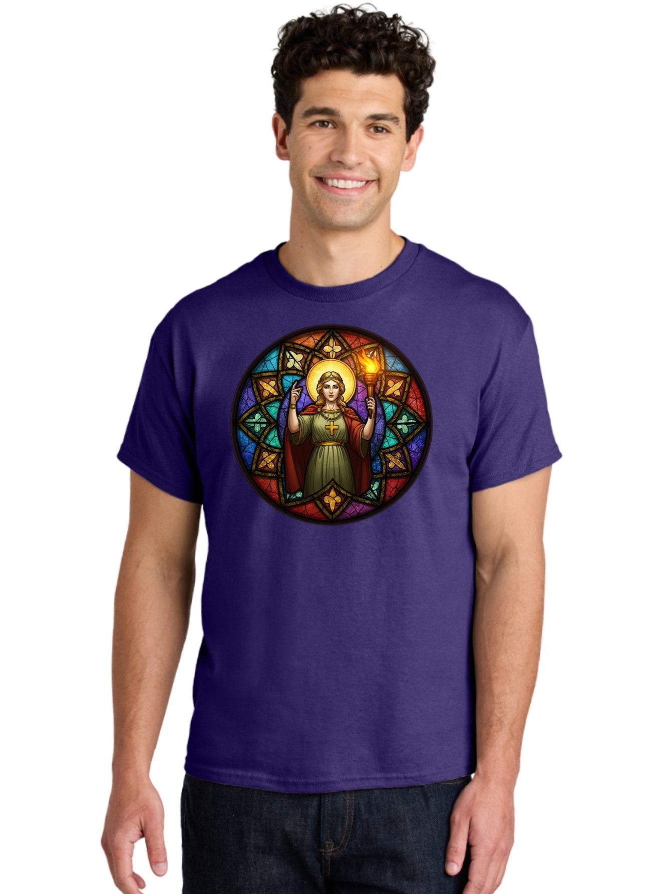 Saint-With-Torch-Stained-Glass Men'S Graphic Tee, 100% Cotton, Comfortable Casual Summer Wear, Machine Washable, Stained Glass Window, Saint With Torch, Cross Pendant, Floral Patterns, Vibrant Colors, Religious Art, Sacred Imagery, Bad505 20