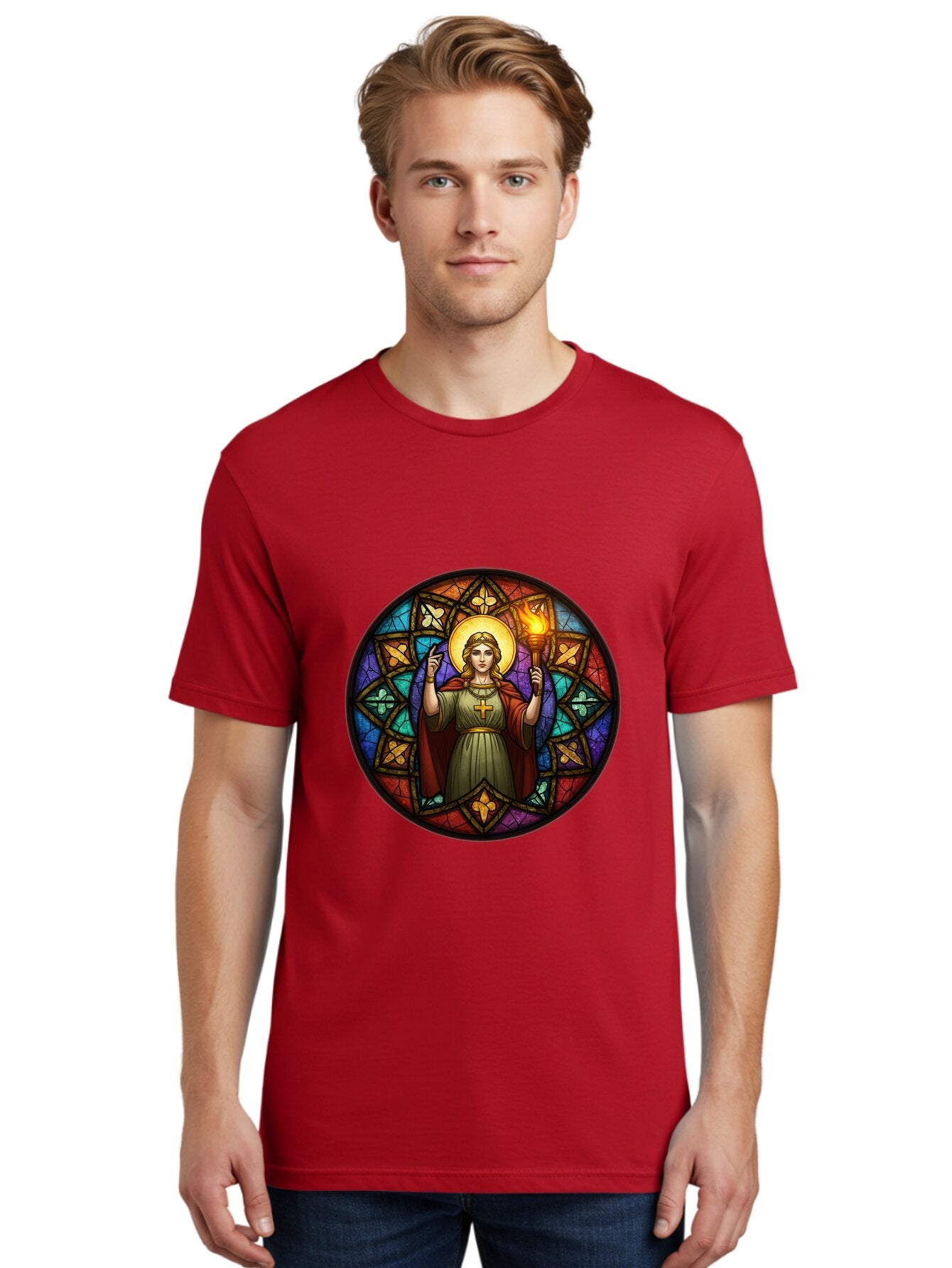 Saint-With-Torch-Stained-Glass Men'S Graphic Tee, 100% Cotton, Comfortable Casual Summer Wear, Machine Washable, Stained Glass Window, Saint With Torch, Cross Pendant, Floral Patterns, Vibrant Colors, Religious Art, Sacred Imagery, Bad505 21