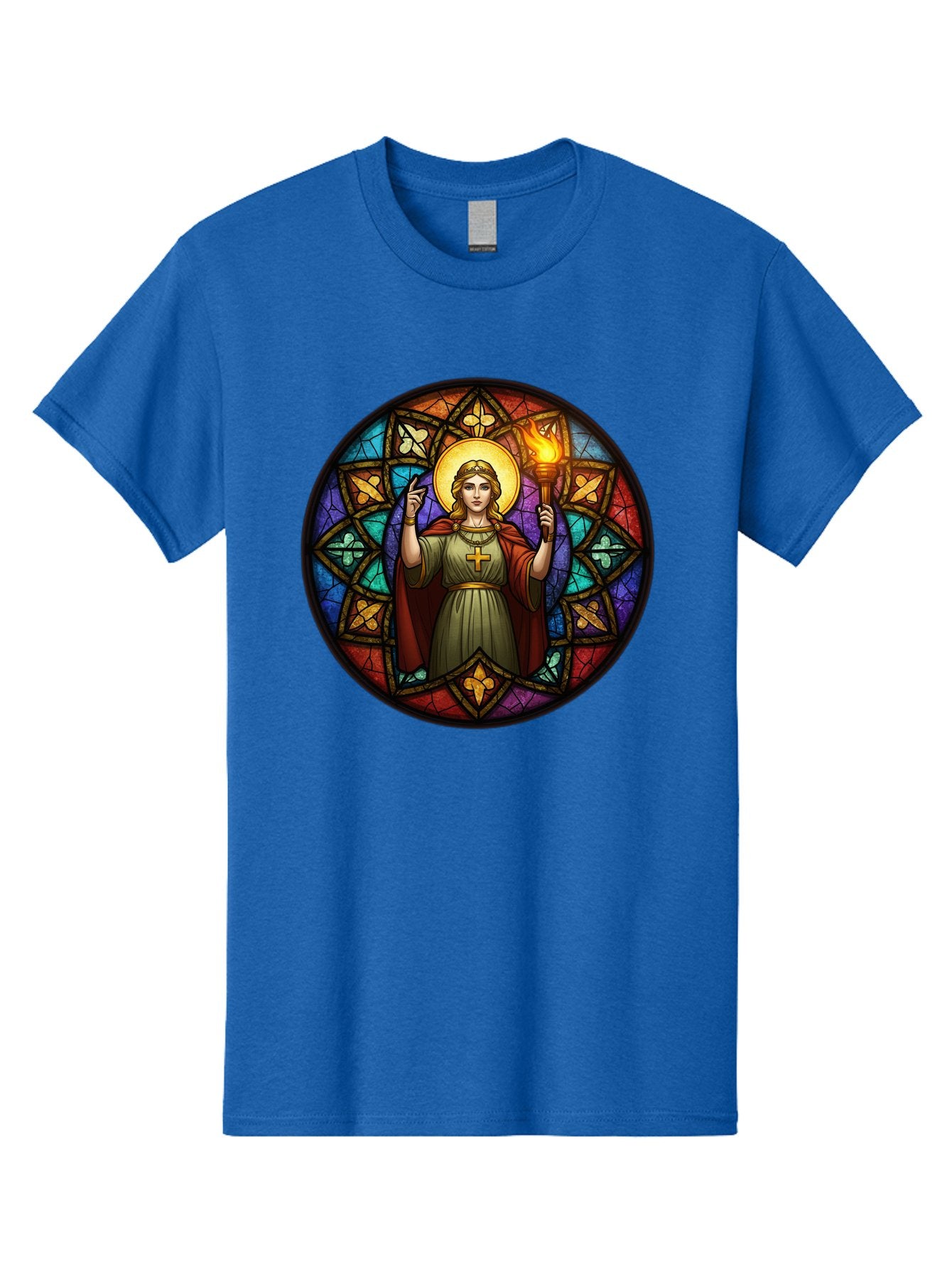 Saint-With-Torch-Stained-Glass Men'S Graphic Tee, 100% Cotton, Comfortable Casual Summer Wear, Machine Washable, Stained Glass Window, Saint With Torch, Cross Pendant, Floral Patterns, Vibrant Colors, Religious Art, Sacred Imagery, Bad505