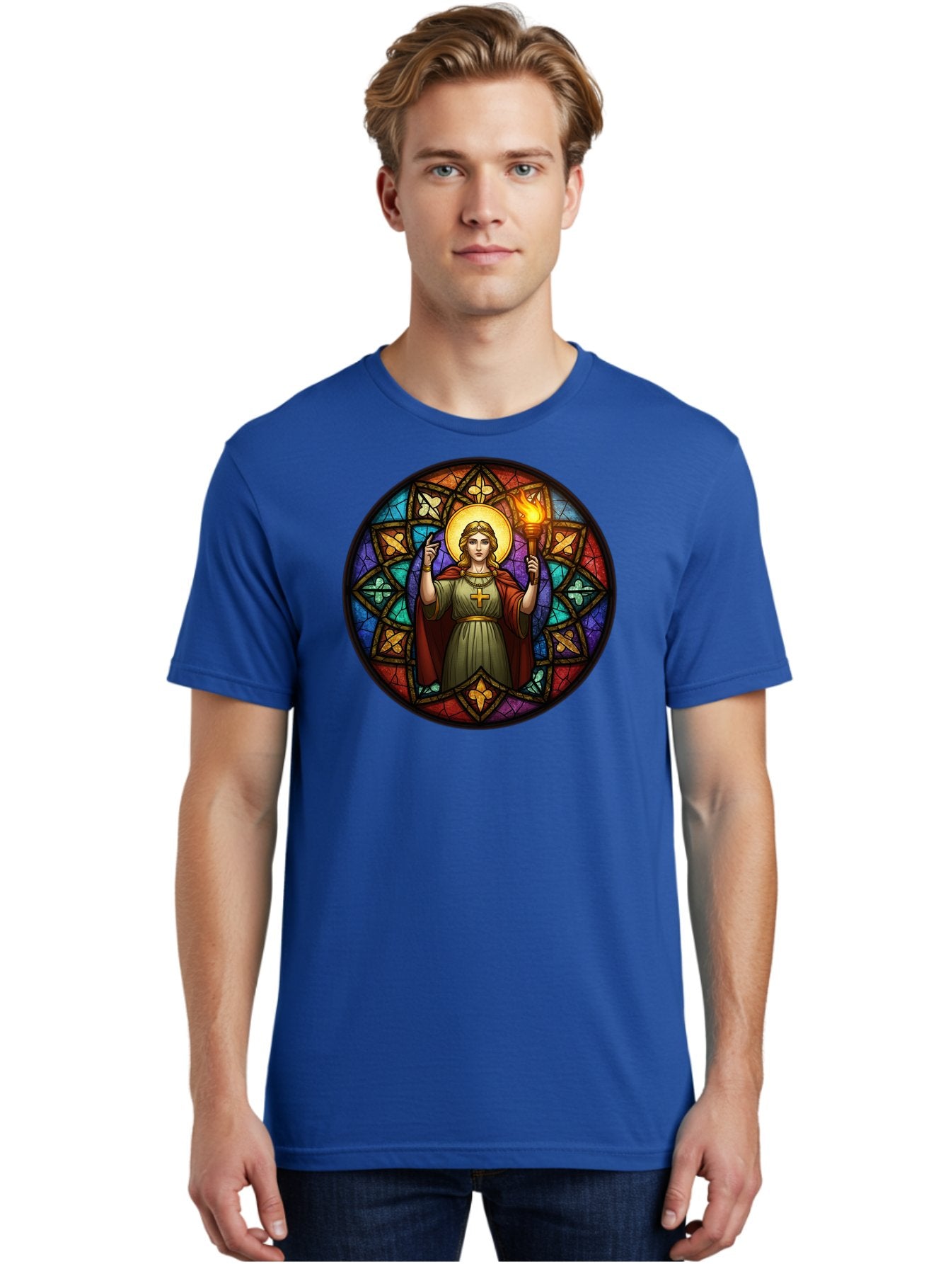 Saint-With-Torch-Stained-Glass Men'S Graphic Tee, 100% Cotton, Comfortable Casual Summer Wear, Machine Washable, Stained Glass Window, Saint With Torch, Cross Pendant, Floral Patterns, Vibrant Colors, Religious Art, Sacred Imagery, Bad505 19