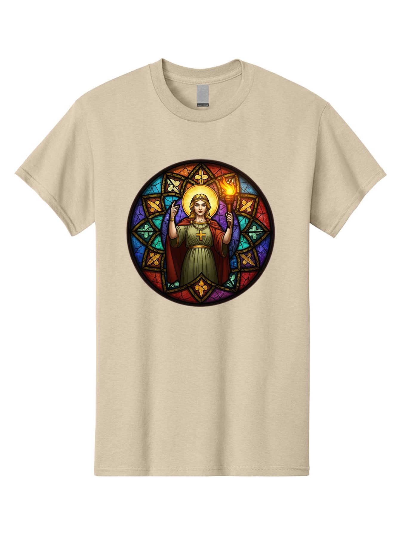 Saint-With-Torch-Stained-Glass Men'S Graphic Tee, 100% Cotton, Comfortable Casual Summer Wear, Machine Washable, Stained Glass Window, Saint With Torch, Cross Pendant, Floral Patterns, Vibrant Colors, Religious Art, Sacred Imagery, Bad505 10
