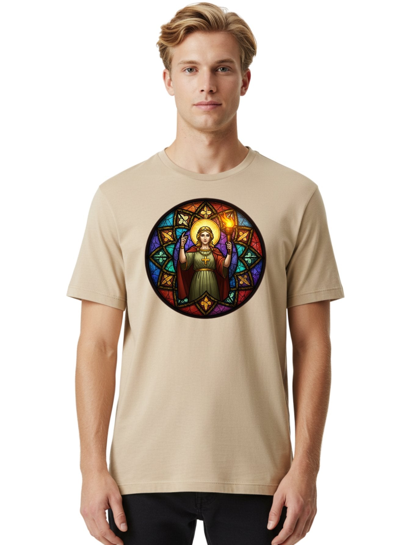 Saint-With-Torch-Stained-Glass Men'S Graphic Tee, 100% Cotton, Comfortable Casual Summer Wear, Machine Washable, Stained Glass Window, Saint With Torch, Cross Pendant, Floral Patterns, Vibrant Colors, Religious Art, Sacred Imagery, Bad505 17
