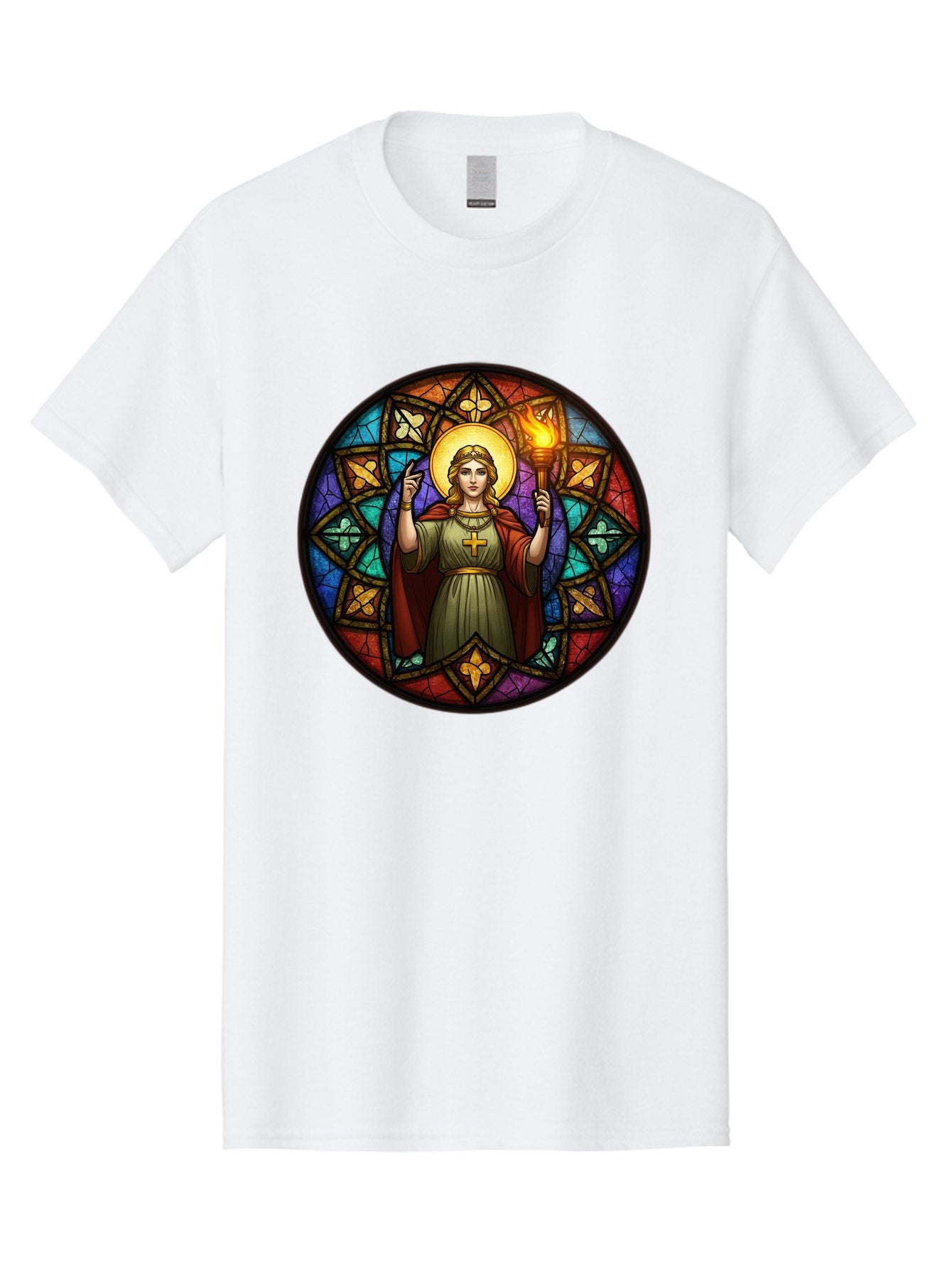 Saint-With-Torch-Stained-Glass Men'S Graphic Tee, 100% Cotton, Comfortable Casual Summer Wear, Machine Washable, Stained Glass Window, Saint With Torch, Cross Pendant, Floral Patterns, Vibrant Colors, Religious Art, Sacred Imagery, Bad505 14
