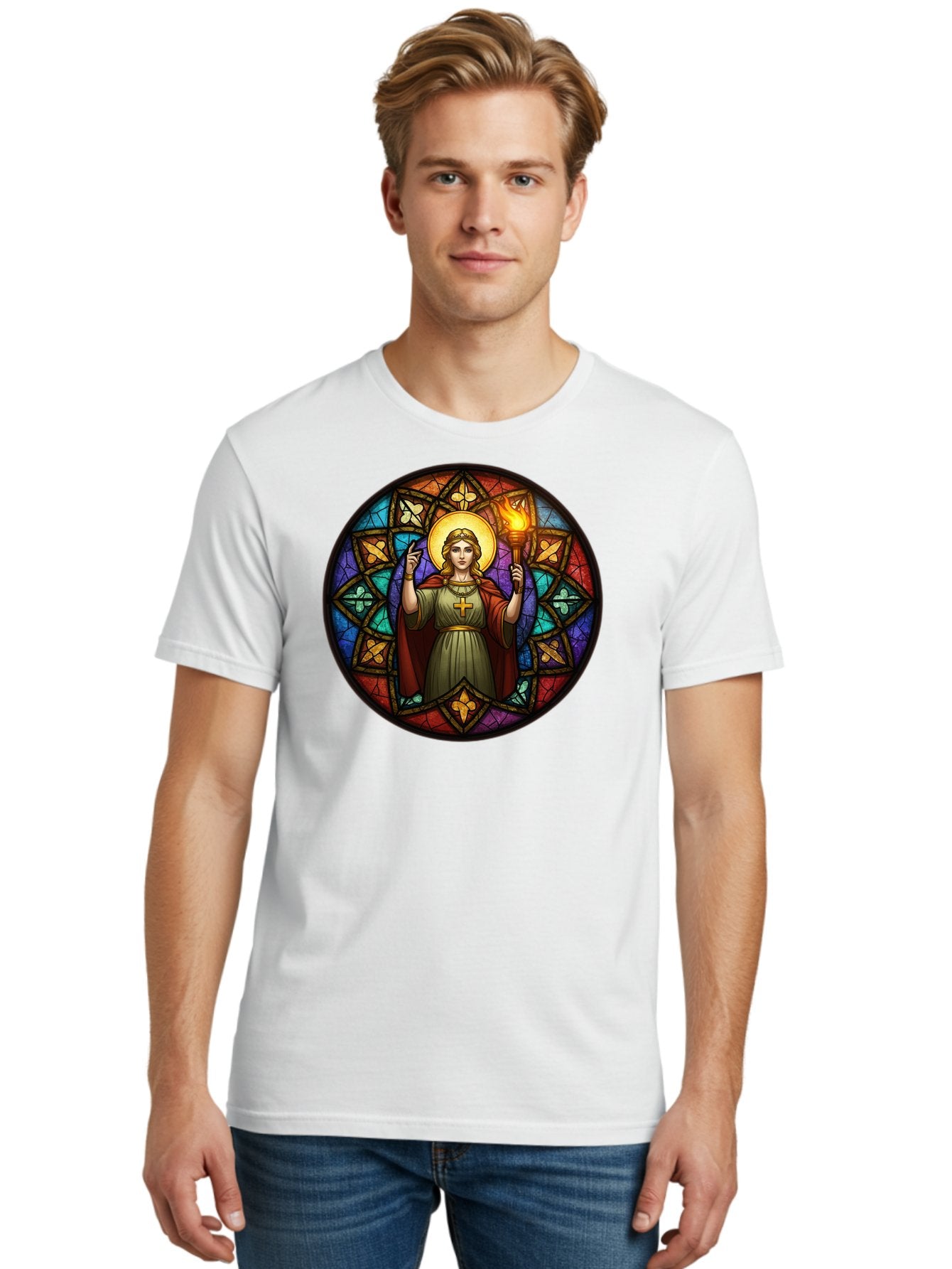 Saint-With-Torch-Stained-Glass Men'S Graphic Tee, 100% Cotton, Comfortable Casual Summer Wear, Machine Washable, Stained Glass Window, Saint With Torch, Cross Pendant, Floral Patterns, Vibrant Colors, Religious Art, Sacred Imagery, Bad505 29
