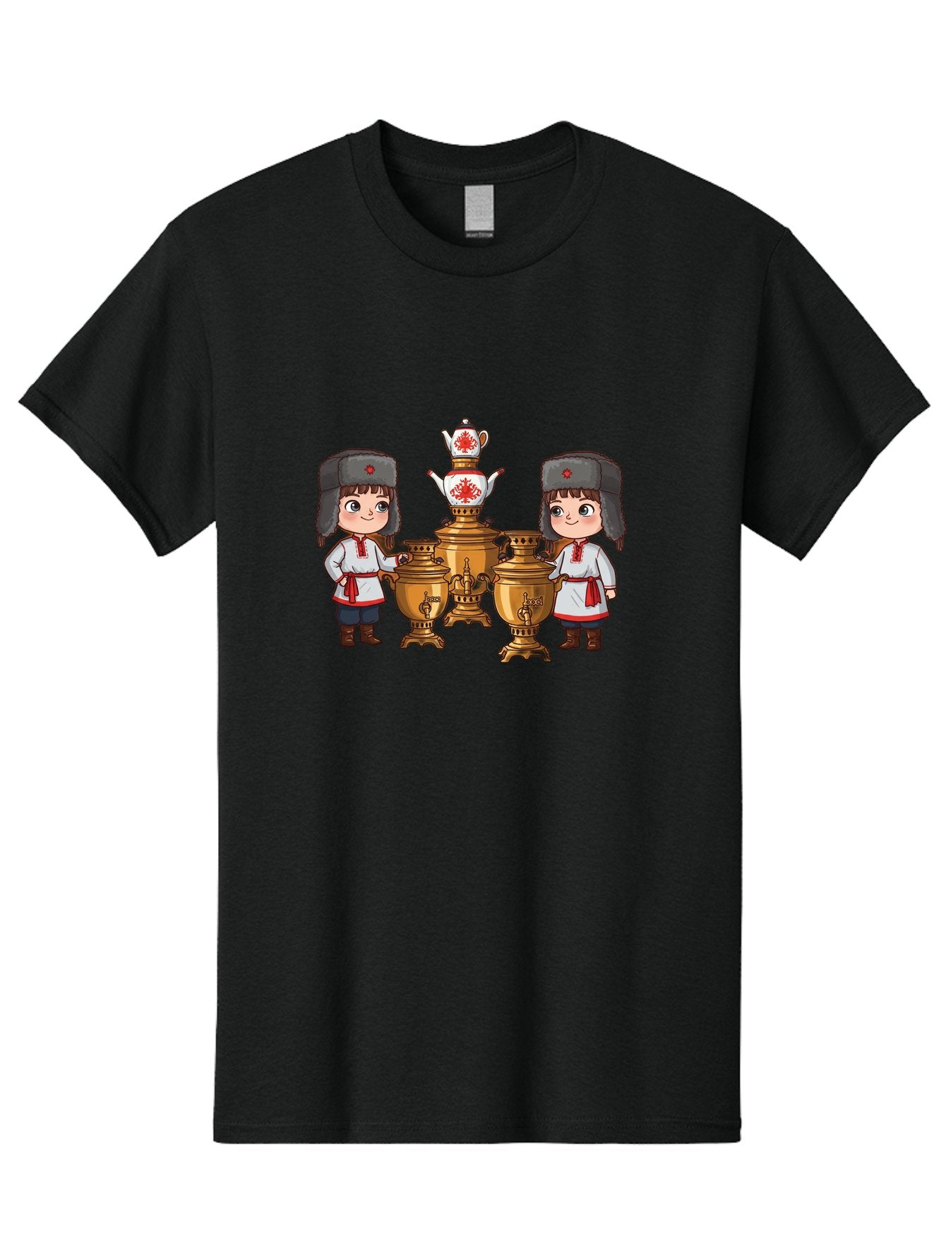 Samovar-Boys Men'S Graphic Tee, 100% Cotton, Comfortable Casual Summer Wear, Machine Washable, Traditional Russian Samovar, Vintage Tea Kettle, Copper Urns, Folk Costumes, Young Girls, Red Accents, Cultural Heritage, Russian Culture, Bad508 10