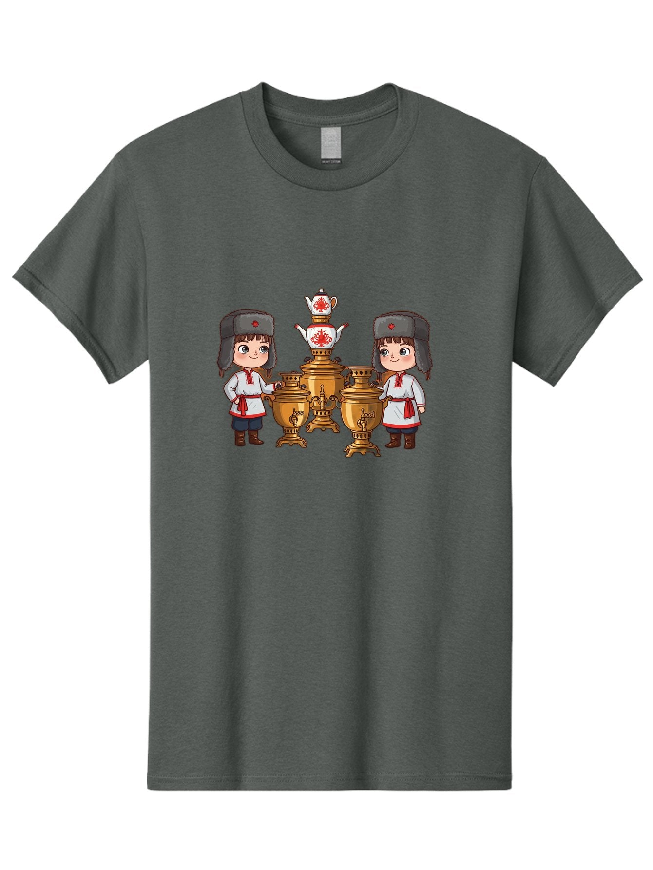 Samovar-Boys Men'S Graphic Tee, 100% Cotton, Comfortable Casual Summer Wear, Machine Washable, Traditional Russian Samovar, Vintage Tea Kettle, Copper Urns, Folk Costumes, Young Girls, Red Accents, Cultural Heritage, Russian Culture, Bad508