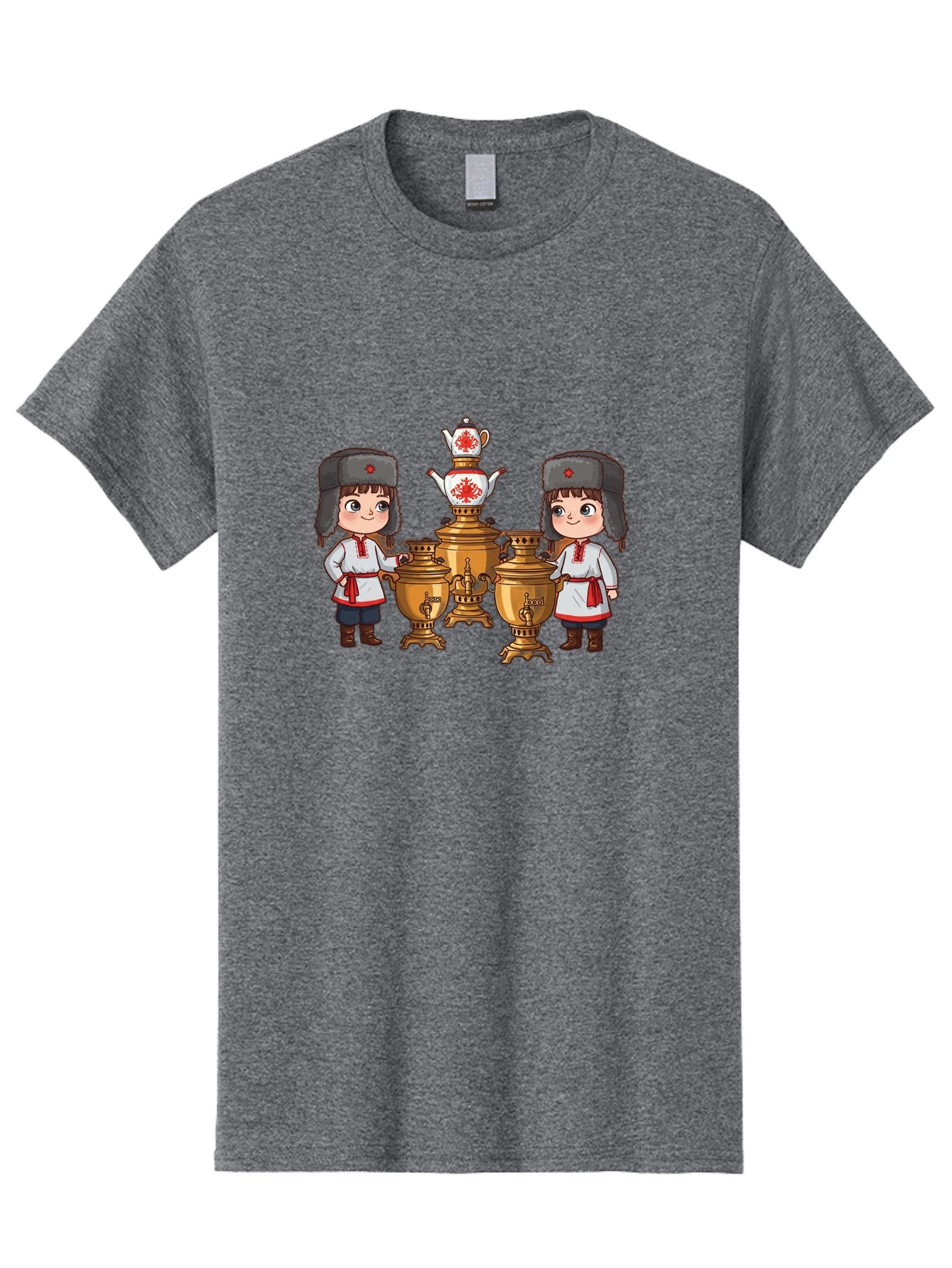 Samovar-Boys Men'S Graphic Tee, 100% Cotton, Comfortable Casual Summer Wear, Machine Washable, Traditional Russian Samovar, Vintage Tea Kettle, Copper Urns, Folk Costumes, Young Girls, Red Accents, Cultural Heritage, Russian Culture, Bad508 11