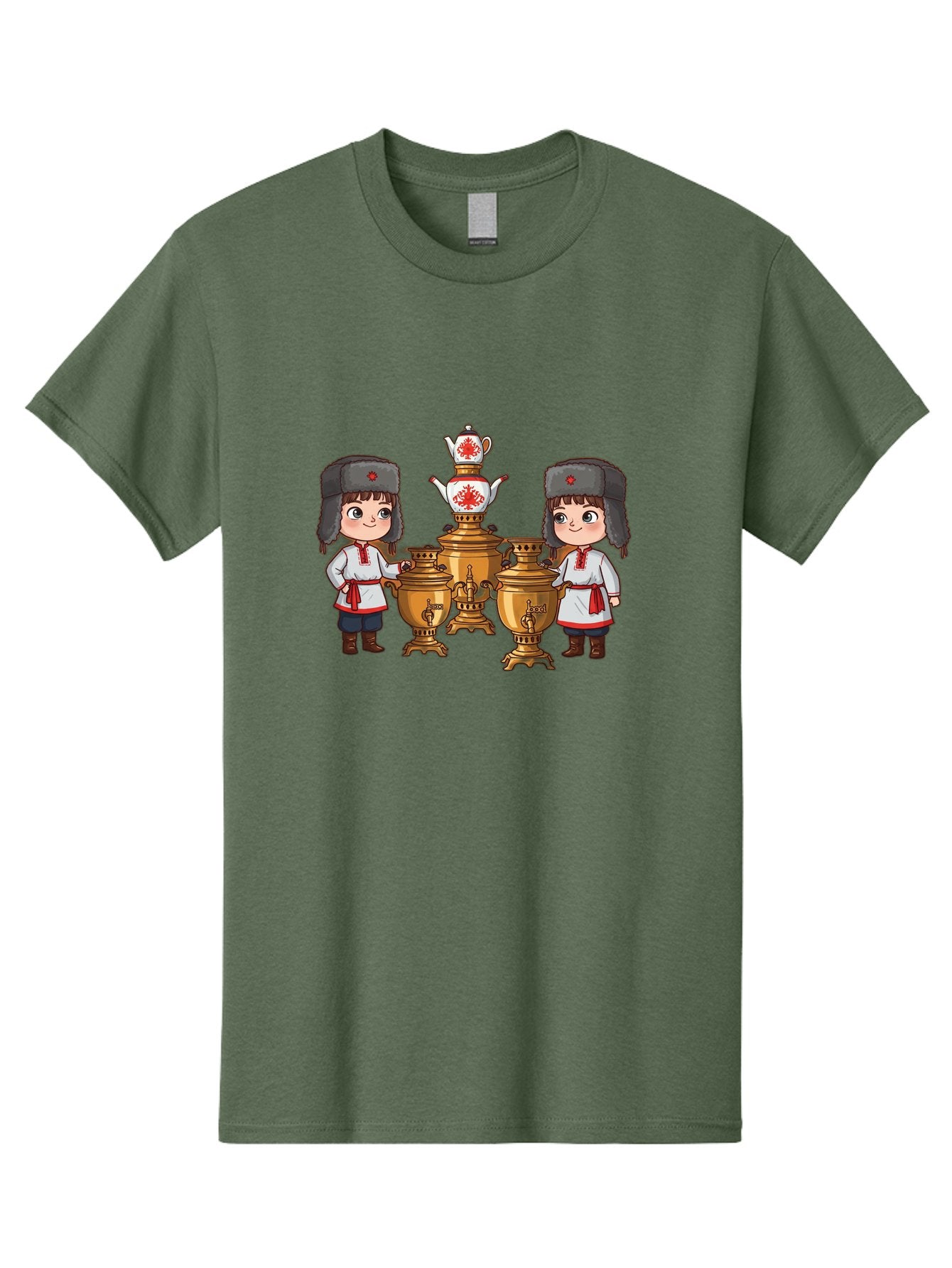 Samovar-Boys Men'S Graphic Tee, 100% Cotton, Comfortable Casual Summer Wear, Machine Washable, Traditional Russian Samovar, Vintage Tea Kettle, Copper Urns, Folk Costumes, Young Girls, Red Accents, Cultural Heritage, Russian Culture, Bad508