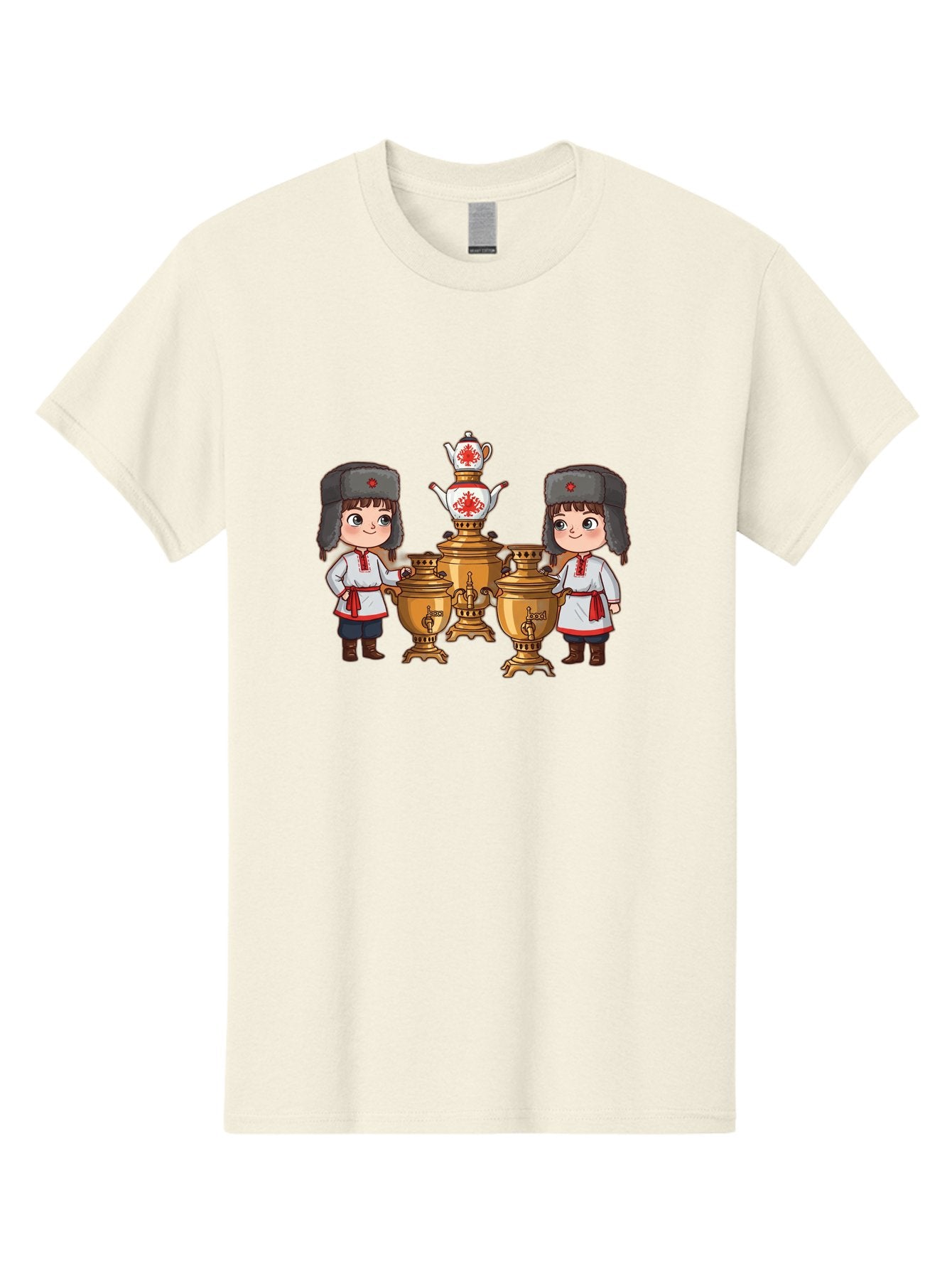 Samovar-Boys Men'S Graphic Tee, 100% Cotton, Comfortable Casual Summer Wear, Machine Washable, Traditional Russian Samovar, Vintage Tea Kettle, Copper Urns, Folk Costumes, Young Girls, Red Accents, Cultural Heritage, Russian Culture, Bad508 5