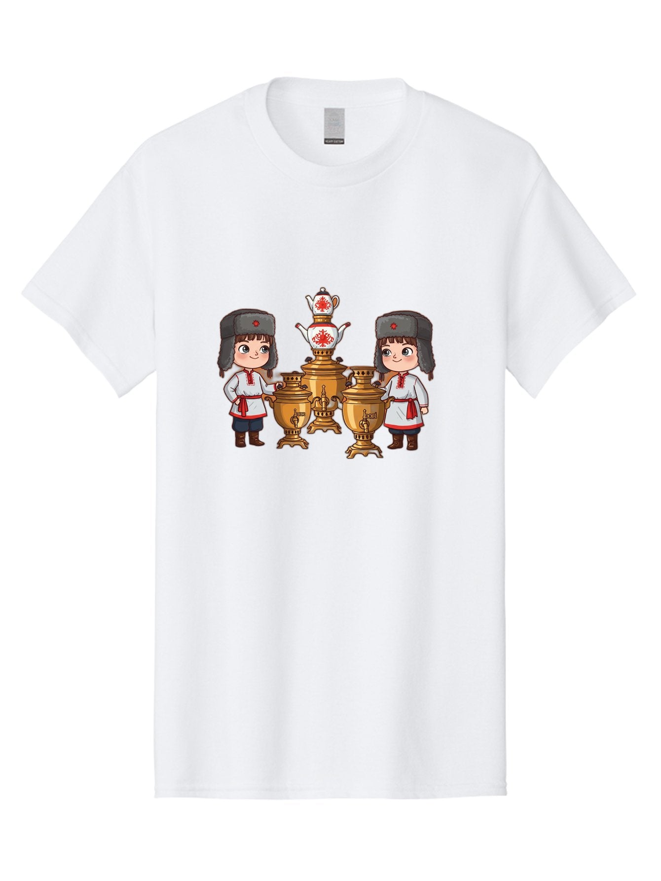 Samovar-Boys Men'S Graphic Tee, 100% Cotton, Comfortable Casual Summer Wear, Machine Washable, Traditional Russian Samovar, Vintage Tea Kettle, Copper Urns, Folk Costumes, Young Girls, Red Accents, Cultural Heritage, Russian Culture, Bad508 6