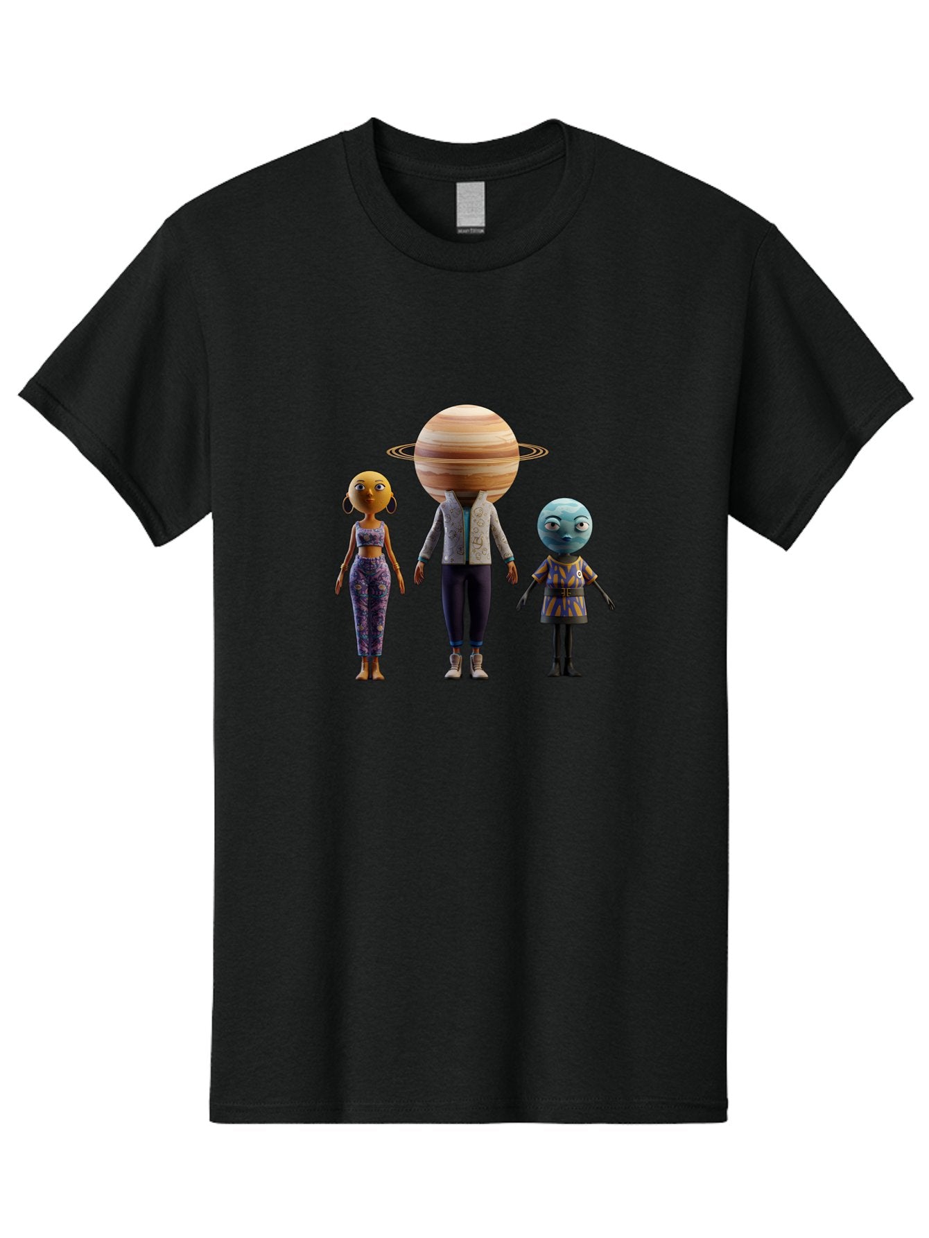 Saturn-Character-Trio Men'S Graphic Tee, 100% Cotton, Comfortable Casual Summer Wear, Machine Washable, Cartoon Characters, Futuristic Fashion, Space-Themed, Saturn Head, Planetary Rings, Alien Features, Colorful Outfits, 3D Rendering, Bad510 8