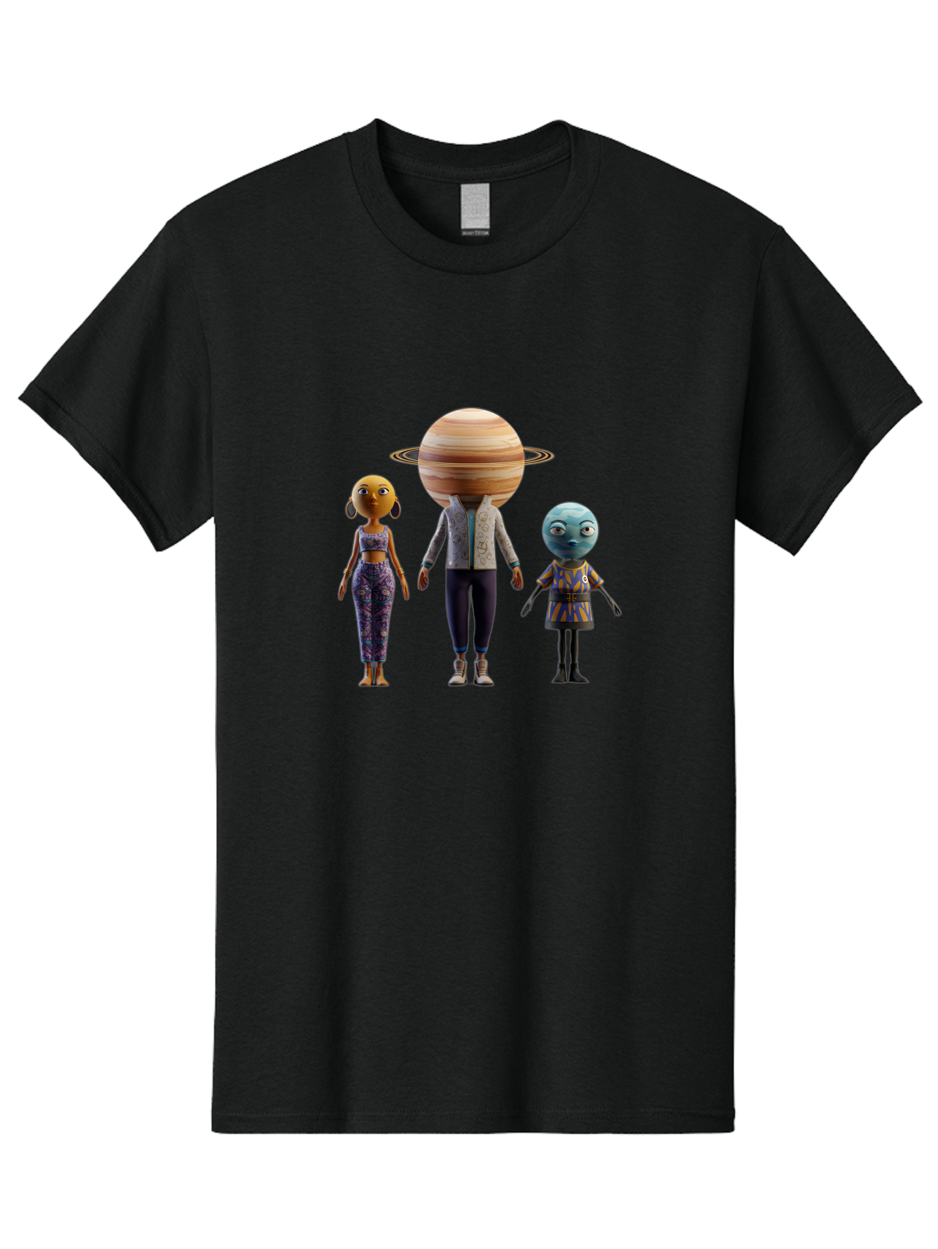 Saturn-Character-Trio Men'S Graphic Tee, 100% Cotton, Comfortable Casual Summer Wear, Machine Washable, Cartoon Characters, Futuristic Fashion, Space-Themed, Saturn Head, Planetary Rings, Alien Features, Colorful Outfits, 3D Rendering, Bad510 6