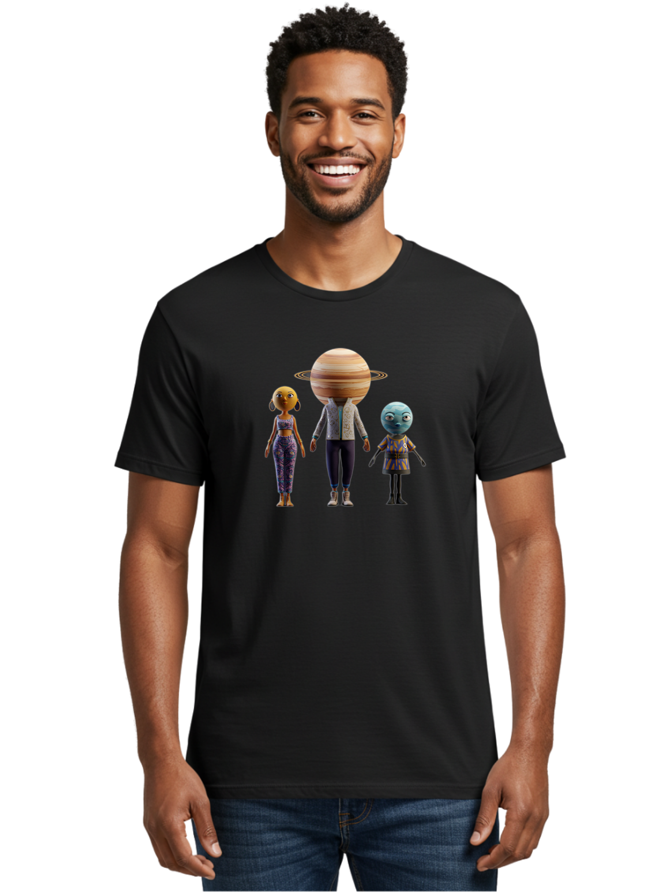 Saturn-Character-Trio Men'S Graphic Tee, 100% Cotton, Comfortable Casual Summer Wear, Machine Washable, Cartoon Characters, Futuristic Fashion, Space-Themed, Saturn Head, Planetary Rings, Alien Features, Colorful Outfits, 3D Rendering, Bad510 21