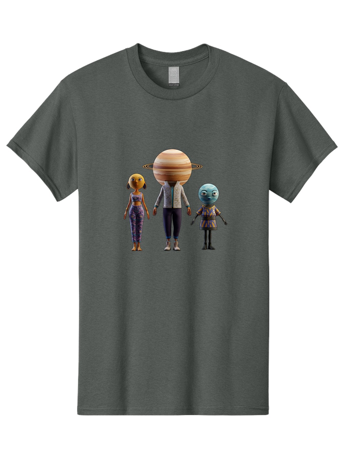 Saturn-Character-Trio Men'S Graphic Tee, 100% Cotton, Comfortable Casual Summer Wear, Machine Washable, Cartoon Characters, Futuristic Fashion, Space-Themed, Saturn Head, Planetary Rings, Alien Features, Colorful Outfits, 3D Rendering, Bad510 6