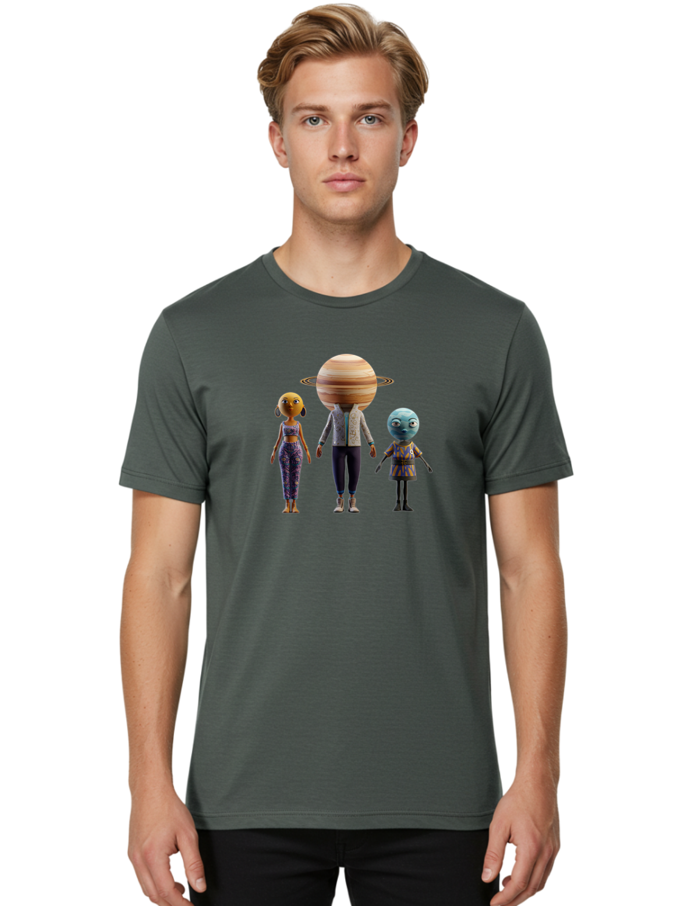 Saturn-Character-Trio Men'S Graphic Tee, 100% Cotton, Comfortable Casual Summer Wear, Machine Washable, Cartoon Characters, Futuristic Fashion, Space-Themed, Saturn Head, Planetary Rings, Alien Features, Colorful Outfits, 3D Rendering, Bad510 22