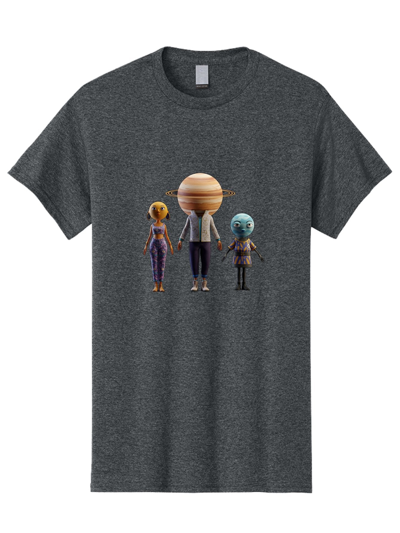 Saturn-Character-Trio Men'S Graphic Tee, 100% Cotton, Comfortable Casual Summer Wear, Machine Washable, Cartoon Characters, Futuristic Fashion, Space-Themed, Saturn Head, Planetary Rings, Alien Features, Colorful Outfits, 3D Rendering, Bad510 3