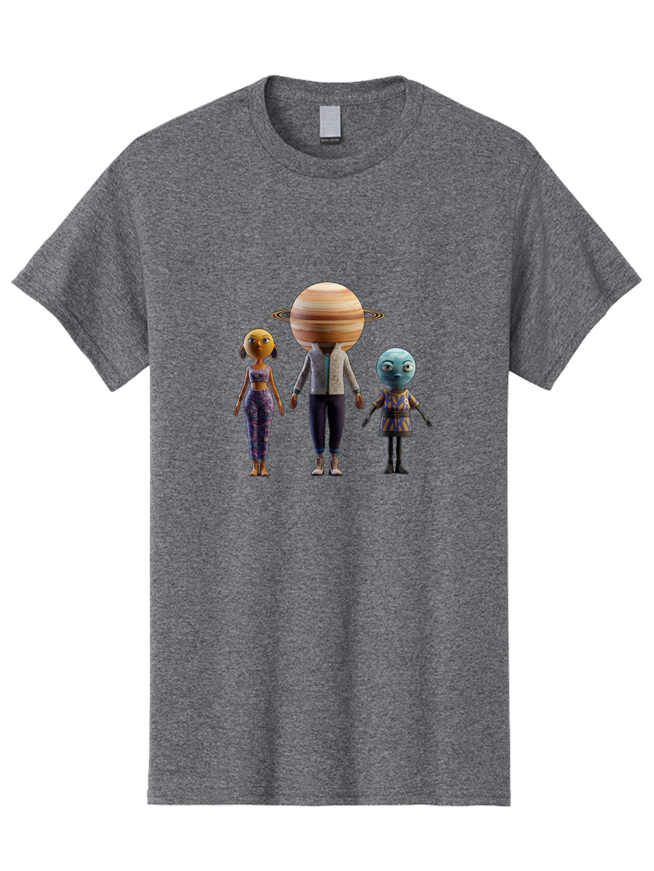 Saturn-Character-Trio Men'S Graphic Tee, 100% Cotton, Comfortable Casual Summer Wear, Machine Washable, Cartoon Characters, Futuristic Fashion, Space-Themed, Saturn Head, Planetary Rings, Alien Features, Colorful Outfits, 3D Rendering, Bad510 5
