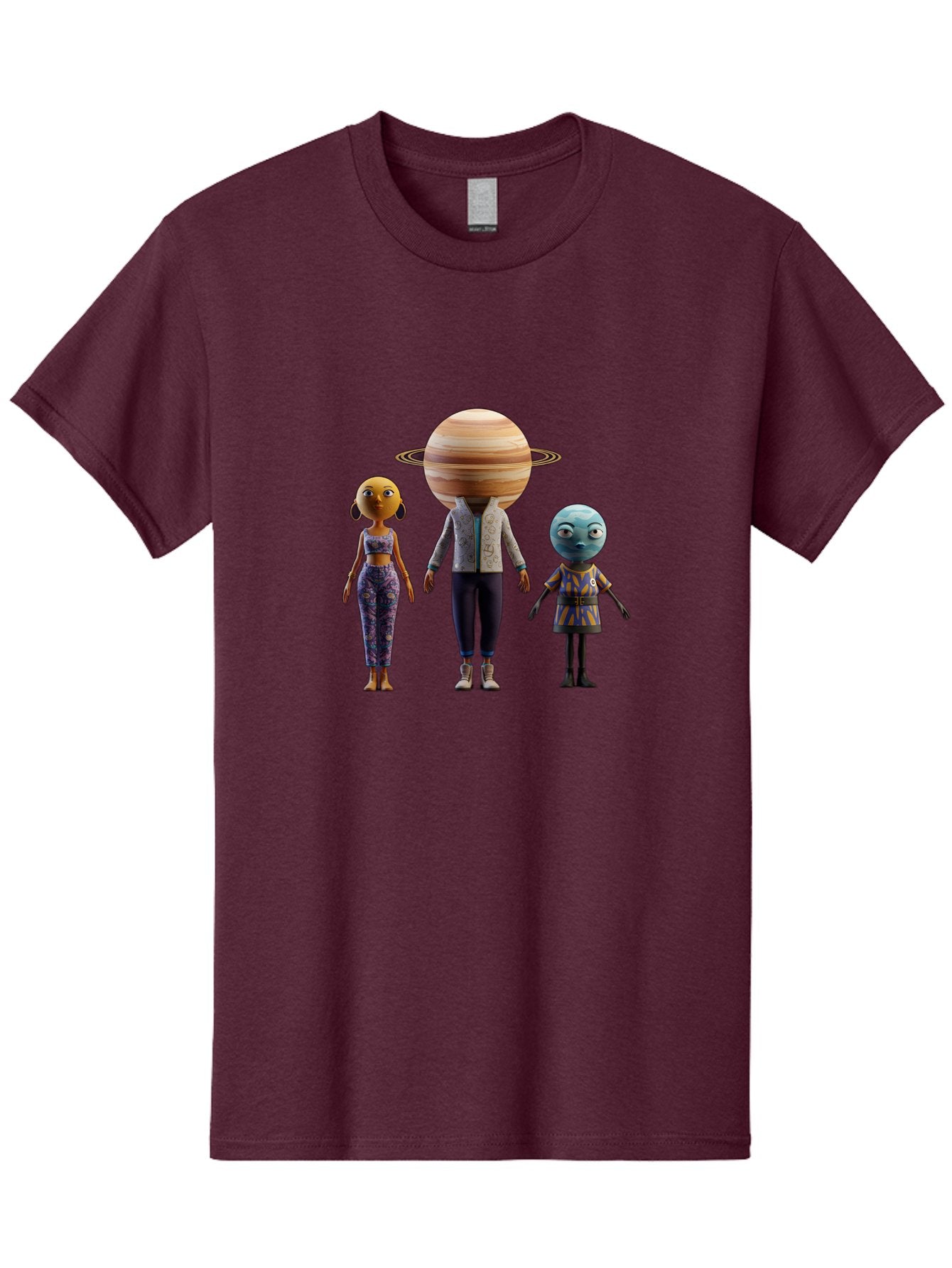 Saturn-Character-Trio Men'S Graphic Tee, 100% Cotton, Comfortable Casual Summer Wear, Machine Washable, Cartoon Characters, Futuristic Fashion, Space-Themed, Saturn Head, Planetary Rings, Alien Features, Colorful Outfits, 3D Rendering, Bad510