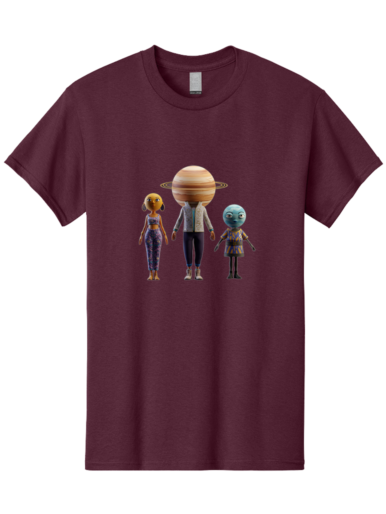 Saturn-Character-Trio Men'S Graphic Tee, 100% Cotton, Comfortable Casual Summer Wear, Machine Washable, Cartoon Characters, Futuristic Fashion, Space-Themed, Saturn Head, Planetary Rings, Alien Features, Colorful Outfits, 3D Rendering, Bad510 11
