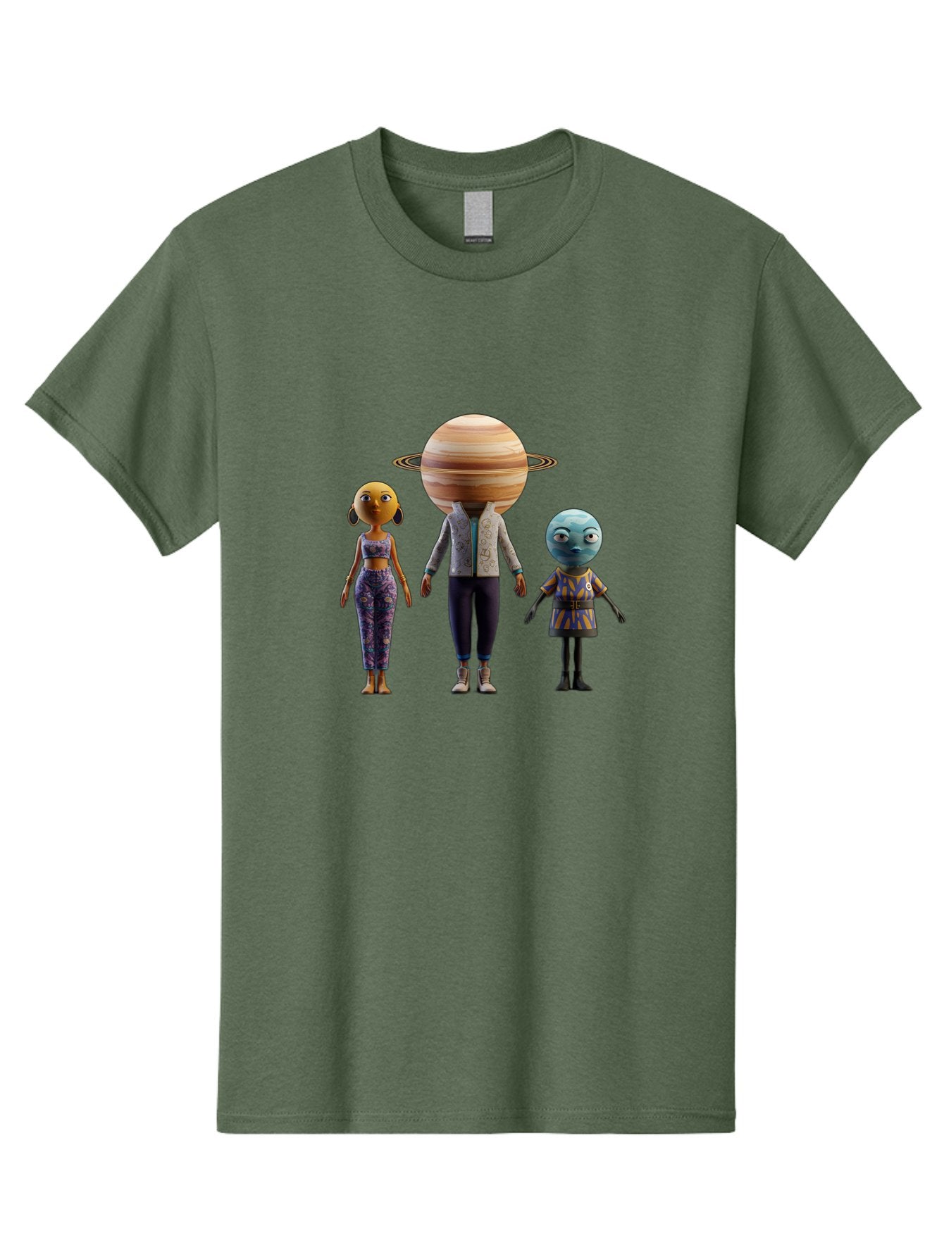 Saturn-Character-Trio Men'S Graphic Tee, 100% Cotton, Comfortable Casual Summer Wear, Machine Washable, Cartoon Characters, Futuristic Fashion, Space-Themed, Saturn Head, Planetary Rings, Alien Features, Colorful Outfits, 3D Rendering, Bad510 12