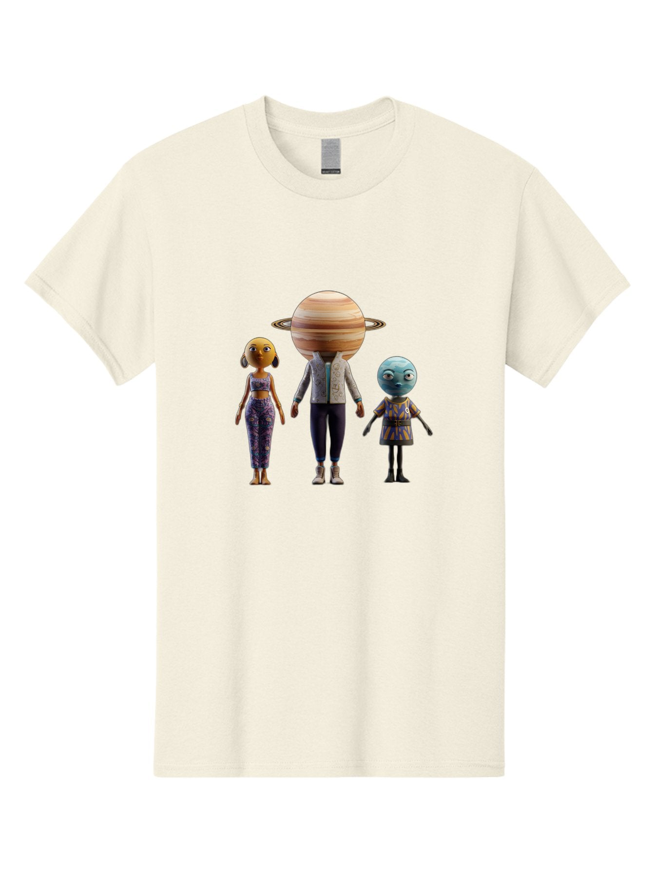 Saturn-Character-Trio Men'S Graphic Tee, 100% Cotton, Comfortable Casual Summer Wear, Machine Washable, Cartoon Characters, Futuristic Fashion, Space-Themed, Saturn Head, Planetary Rings, Alien Features, Colorful Outfits, 3D Rendering, Bad510 13