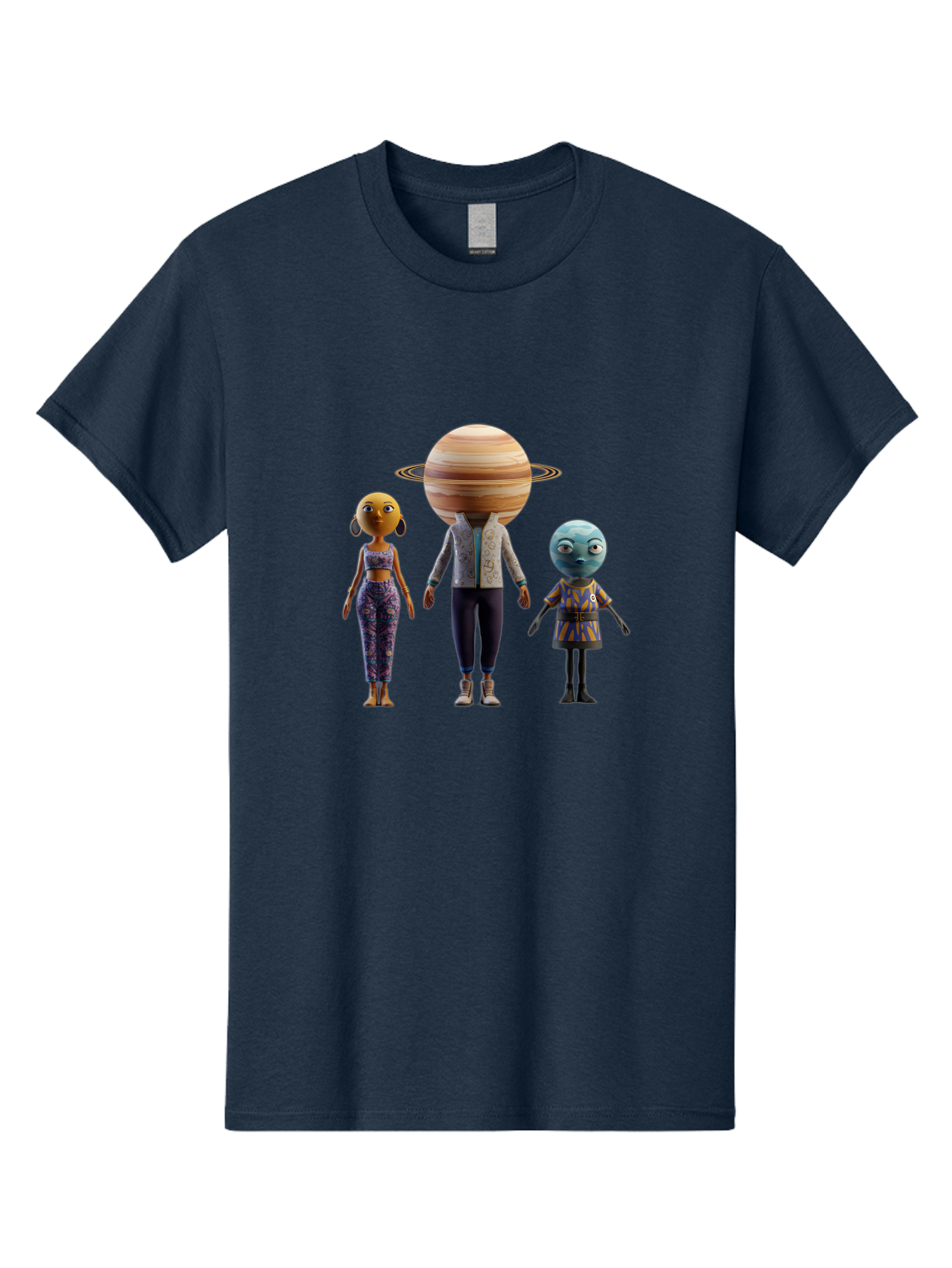 Saturn-Character-Trio Men'S Graphic Tee, 100% Cotton, Comfortable Casual Summer Wear, Machine Washable, Cartoon Characters, Futuristic Fashion, Space-Themed, Saturn Head, Planetary Rings, Alien Features, Colorful Outfits, 3D Rendering, Bad510 13
