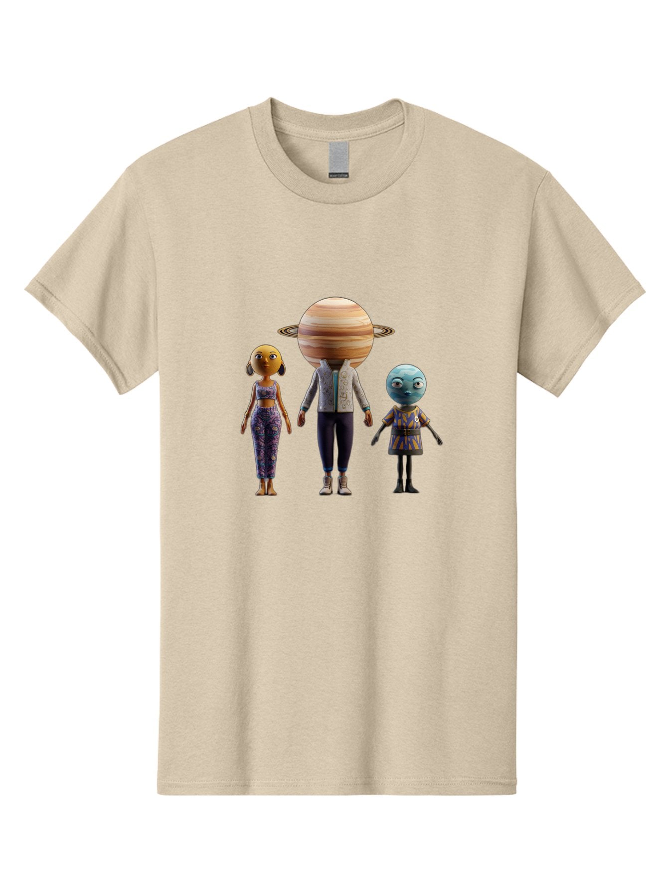 Saturn-Character-Trio Men'S Graphic Tee, 100% Cotton, Comfortable Casual Summer Wear, Machine Washable, Cartoon Characters, Futuristic Fashion, Space-Themed, Saturn Head, Planetary Rings, Alien Features, Colorful Outfits, 3D Rendering, Bad510 9