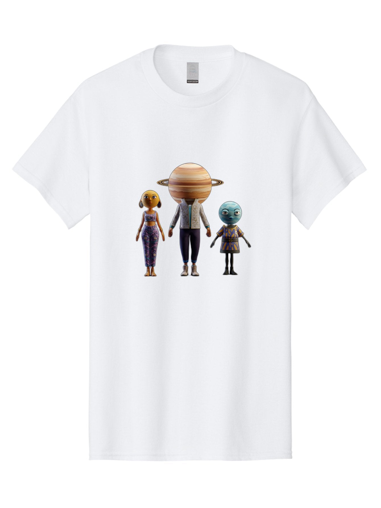 Saturn-Character-Trio Men'S Graphic Tee, 100% Cotton, Comfortable Casual Summer Wear, Machine Washable, Cartoon Characters, Futuristic Fashion, Space-Themed, Saturn Head, Planetary Rings, Alien Features, Colorful Outfits, 3D Rendering, Bad510 4