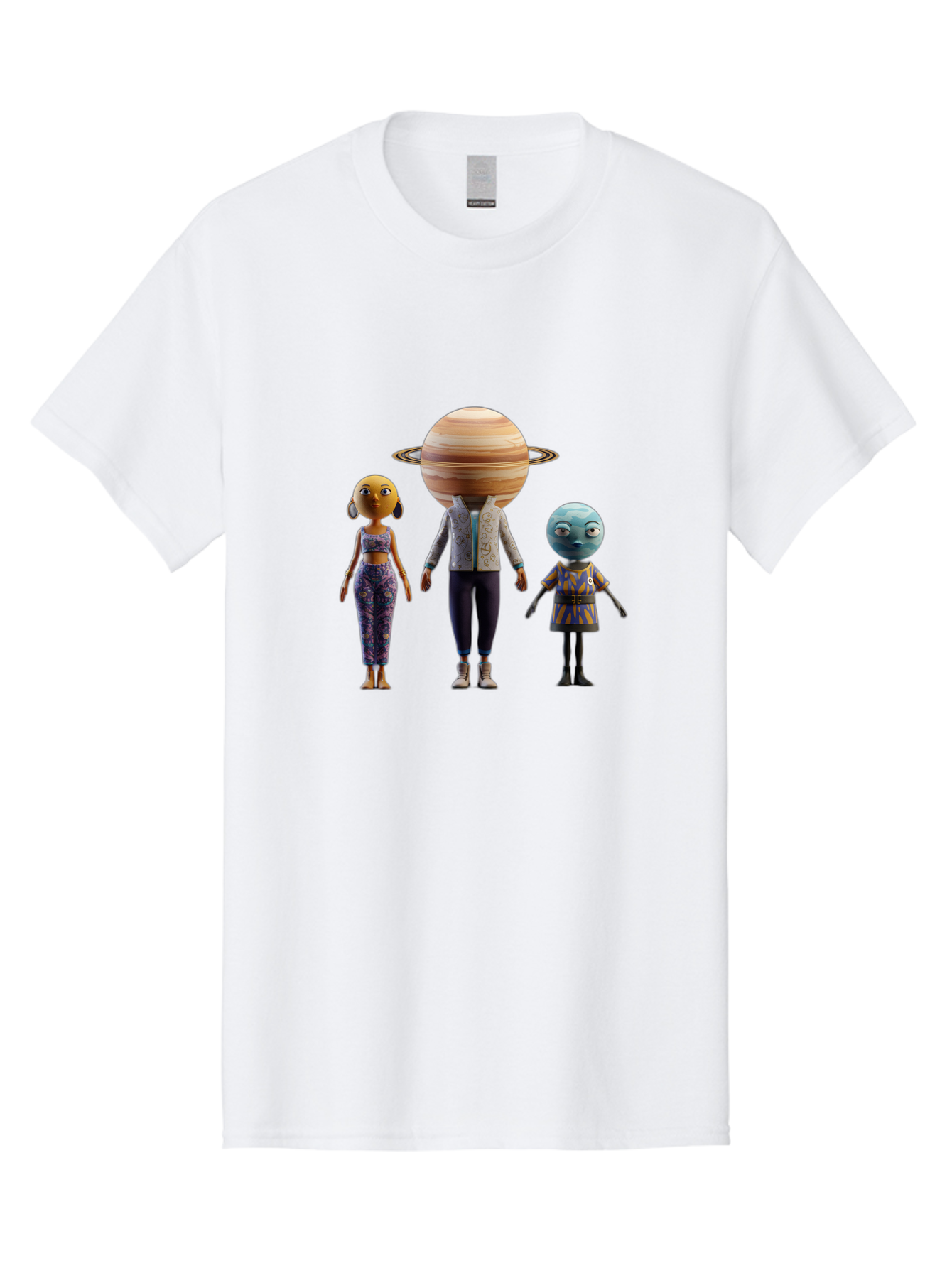 Saturn-Character-Trio Men'S Graphic Tee, 100% Cotton, Comfortable Casual Summer Wear, Machine Washable, Cartoon Characters, Futuristic Fashion, Space-Themed, Saturn Head, Planetary Rings, Alien Features, Colorful Outfits, 3D Rendering, Bad510 12