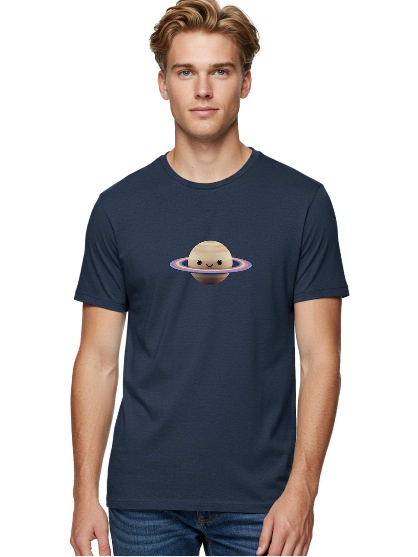 Saturn Men'S Graphic Tee, 100% Cotton, Comfortable Casual Summer Wear, Machine Washable, Cartoon Saturn, Smiling Planet, Kawaii Space, Colorful Rings, Space Illustration, Cute Saturn, Happy Face, Pastel Colors, Ringed Planet, Whimsical Art Bad511 18