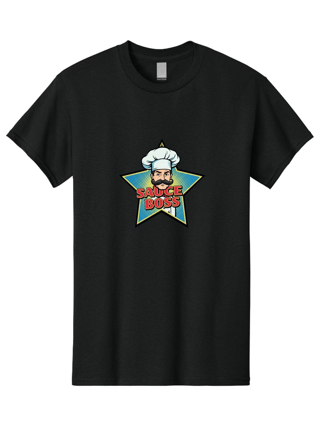 Sauce-Boss Men'S Graphic Tee, 100% Cotton, Comfortable Casual Summer Wear, Machine Washable, Cartoon Chef, White Hat, Mustache, Star Badge, Sauce Boss, Food Logo, Culinary Expert, Restaurant Branding, Chef Character Bad512 3