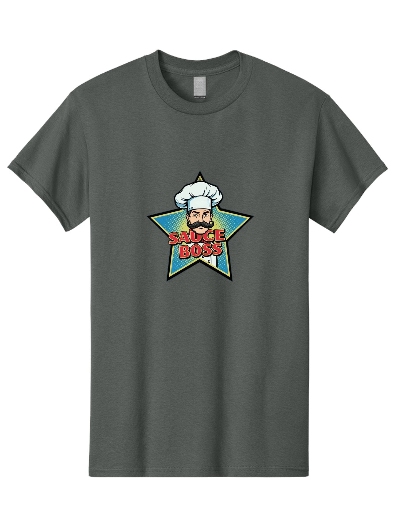 Sauce-Boss Men'S Graphic Tee, 100% Cotton, Comfortable Casual Summer Wear, Machine Washable, Cartoon Chef, White Hat, Mustache, Star Badge, Sauce Boss, Food Logo, Culinary Expert, Restaurant Branding, Chef Character Bad512 13