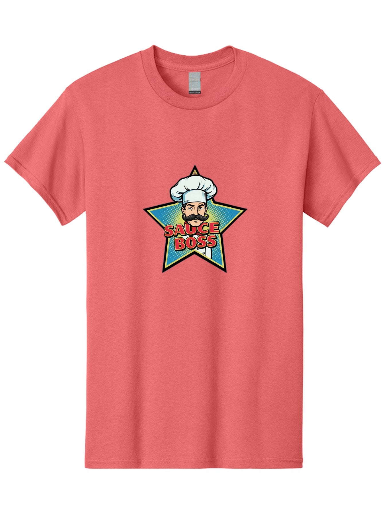 Sauce-Boss Men'S Graphic Tee, 100% Cotton, Comfortable Casual Summer Wear, Machine Washable, Cartoon Chef, White Hat, Mustache, Star Badge, Sauce Boss, Food Logo, Culinary Expert, Restaurant Branding, Chef Character Bad512 8