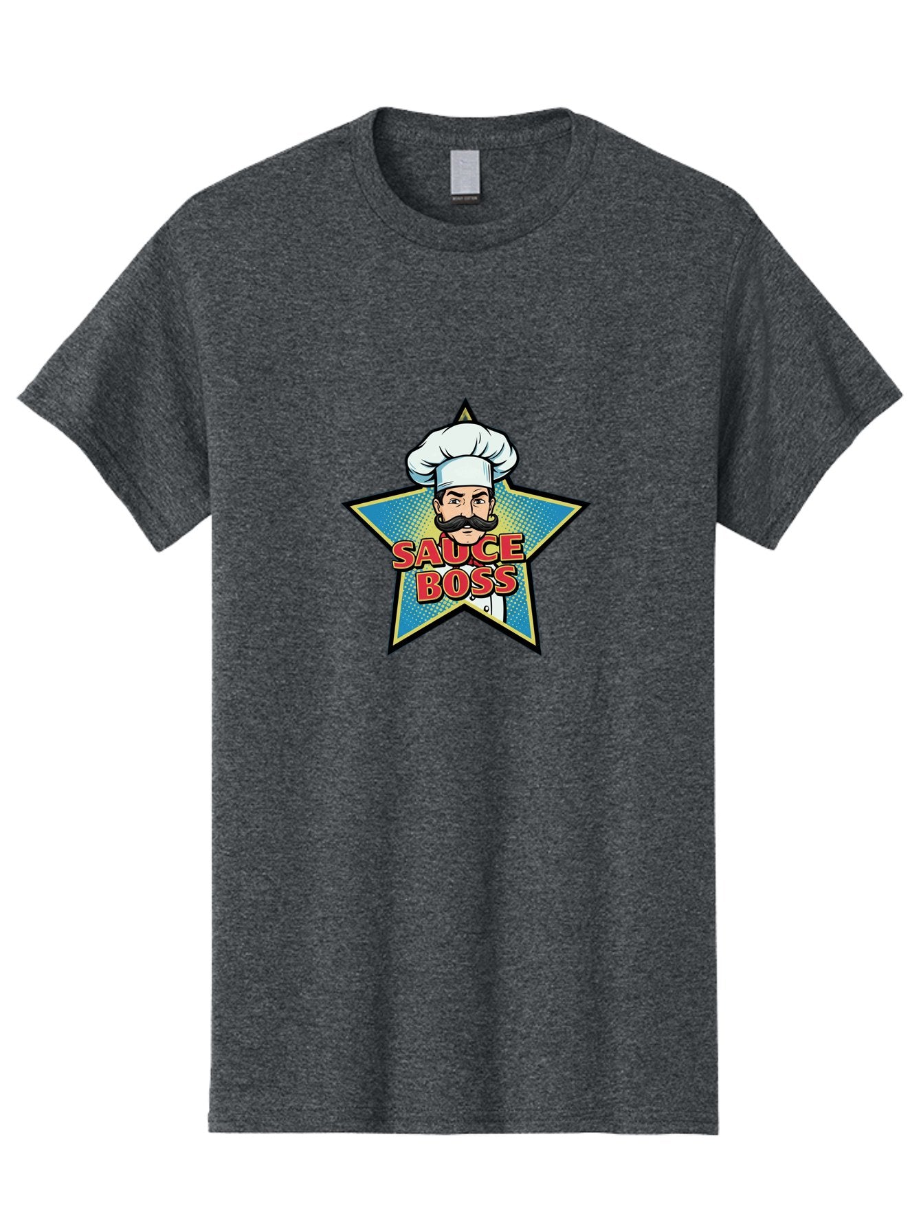 Sauce-Boss Men'S Graphic Tee, 100% Cotton, Comfortable Casual Summer Wear, Machine Washable, Cartoon Chef, White Hat, Mustache, Star Badge, Sauce Boss, Food Logo, Culinary Expert, Restaurant Branding, Chef Character Bad512 7