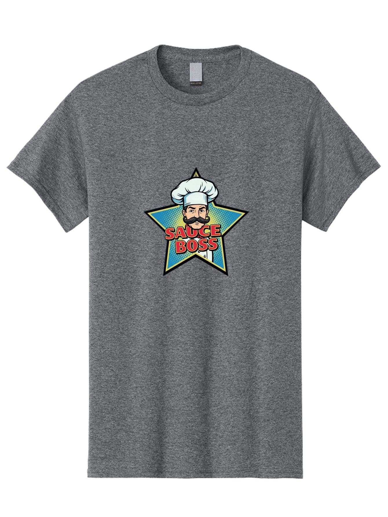 Sauce-Boss Men'S Graphic Tee, 100% Cotton, Comfortable Casual Summer Wear, Machine Washable, Cartoon Chef, White Hat, Mustache, Star Badge, Sauce Boss, Food Logo, Culinary Expert, Restaurant Branding, Chef Character Bad512 14