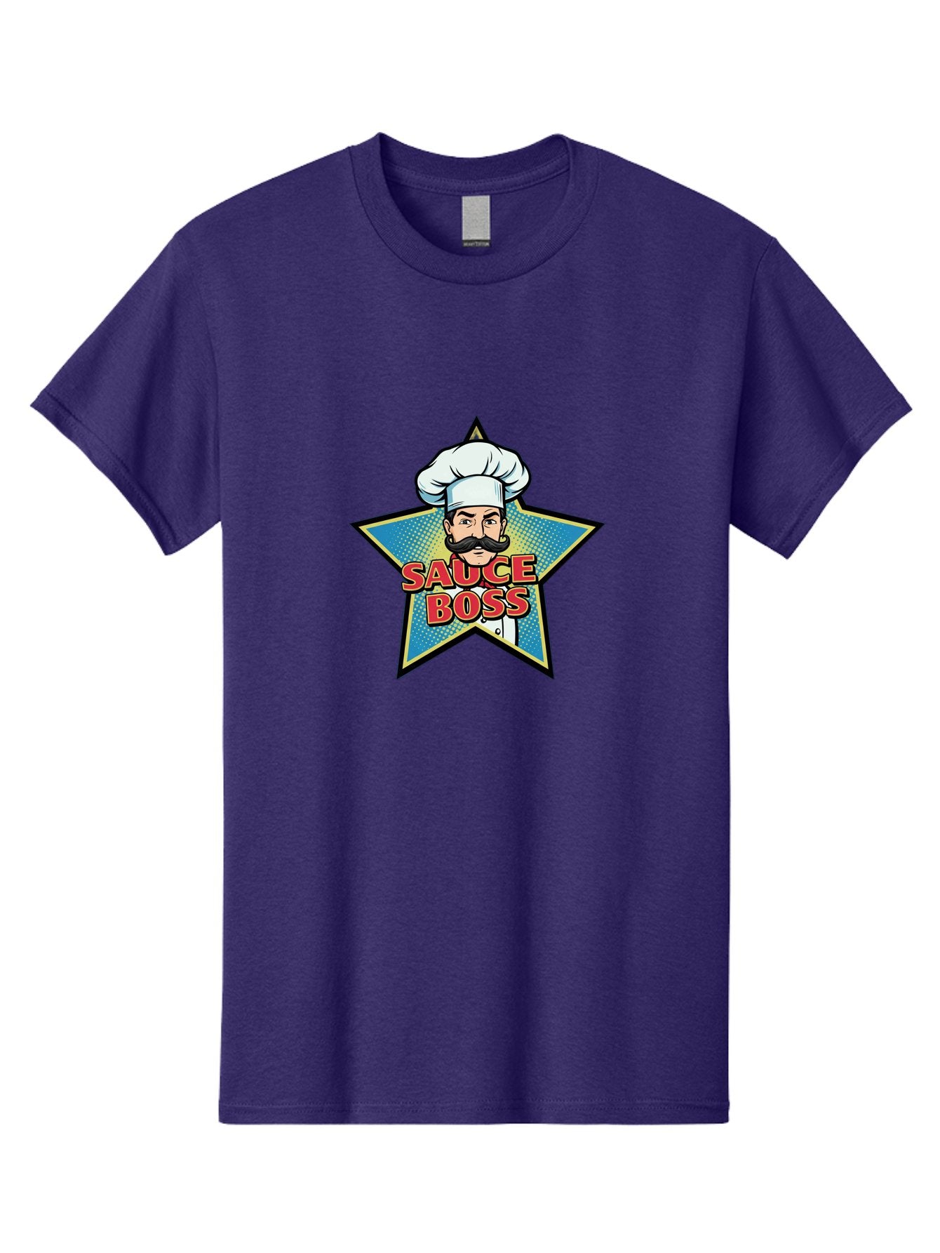 Sauce-Boss Men'S Graphic Tee, 100% Cotton, Comfortable Casual Summer Wear, Machine Washable, Cartoon Chef, White Hat, Mustache, Star Badge, Sauce Boss, Food Logo, Culinary Expert, Restaurant Branding, Chef Character Bad512 4