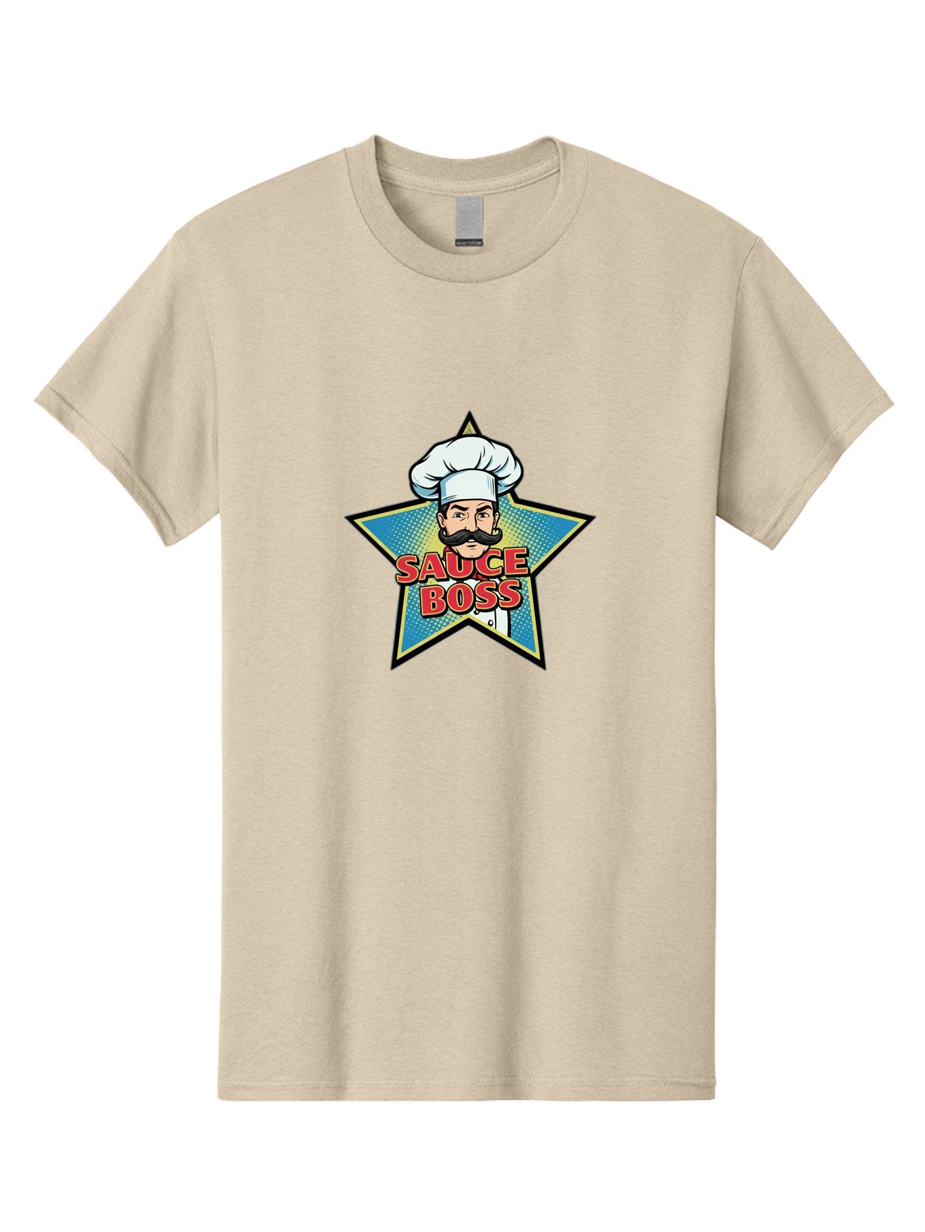 Sauce-Boss Men'S Graphic Tee, 100% Cotton, Comfortable Casual Summer Wear, Machine Washable, Cartoon Chef, White Hat, Mustache, Star Badge, Sauce Boss, Food Logo, Culinary Expert, Restaurant Branding, Chef Character Bad512 15