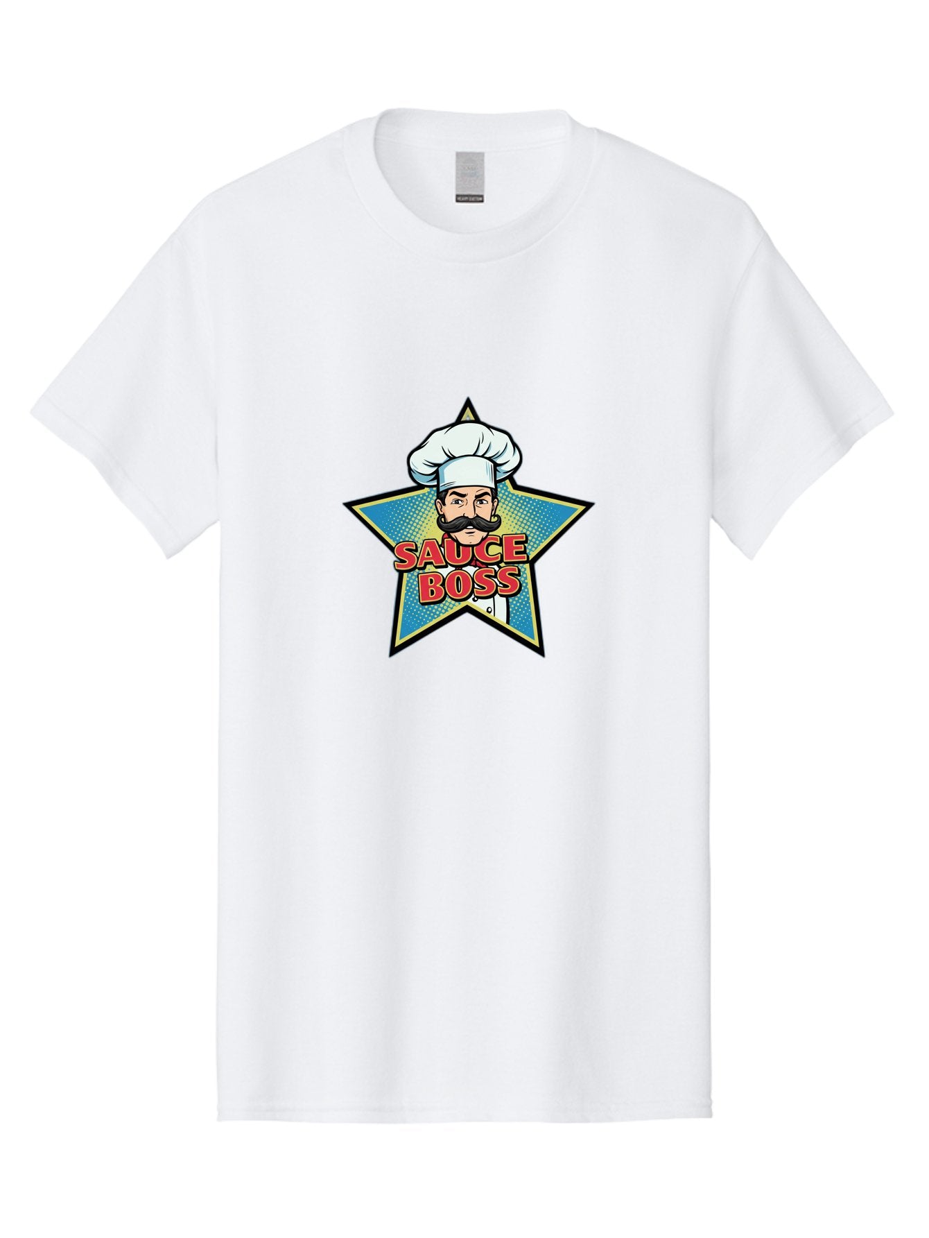 Sauce-Boss Men'S Graphic Tee, 100% Cotton, Comfortable Casual Summer Wear, Machine Washable, Cartoon Chef, White Hat, Mustache, Star Badge, Sauce Boss, Food Logo, Culinary Expert, Restaurant Branding, Chef Character Bad512