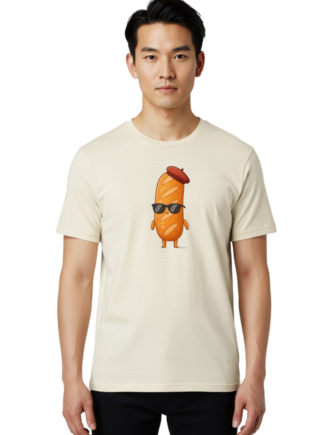 Sausage-Roll Men'S Graphic Tee, 100% Cotton, Comfortable Casual Summer Wear, Machine Washable, Cartoon Bread Character, Bread With Sunglasses, Bread With Beret, Funny Food Illustration, Humorous Baked Goods, Quirky Cartoon Character, Bad513 25