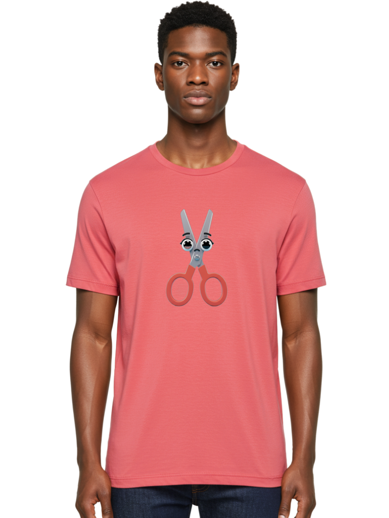 Scissors-1 Men'S Graphic Tee, 100% Cotton, Comfortable Casual Summer Wear, Machine Washable, Cartoon Scissors, Funny Face, Red Handles, Gray Blades, Large Eyes, Surprised Expression, Office Supplies, Craft Tools, Anthropomorphic Object, Bad516 30