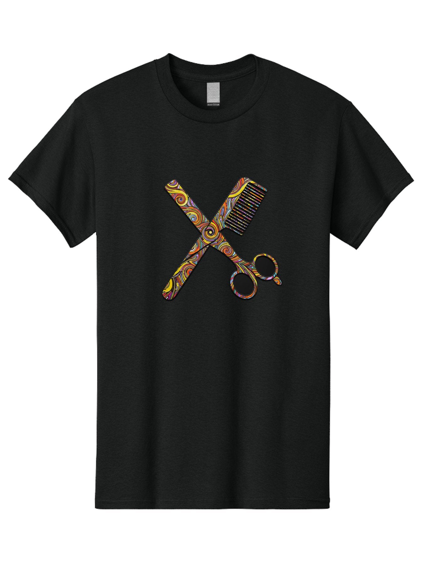 Scissors-And-Comb Men'S Graphic Tee, 100% Cotton, Comfortable Casual Summer Wear, Machine Washable, Colorful Scissors, Hair Comb, Swirly Design, Vibrant Colors, Beauty Tools, Hair Care Accessories, Artistic Patterns, Grooming Essentials Bad519