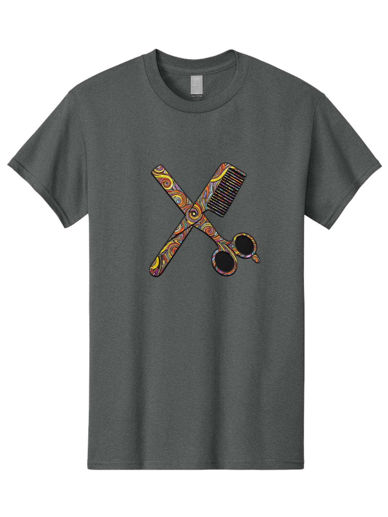 Scissors-And-Comb Men'S Graphic Tee, 100% Cotton, Comfortable Casual Summer Wear, Machine Washable, Colorful Scissors, Hair Comb, Swirly Design, Vibrant Colors, Beauty Tools, Hair Care Accessories, Artistic Patterns, Grooming Essentials Bad519 5