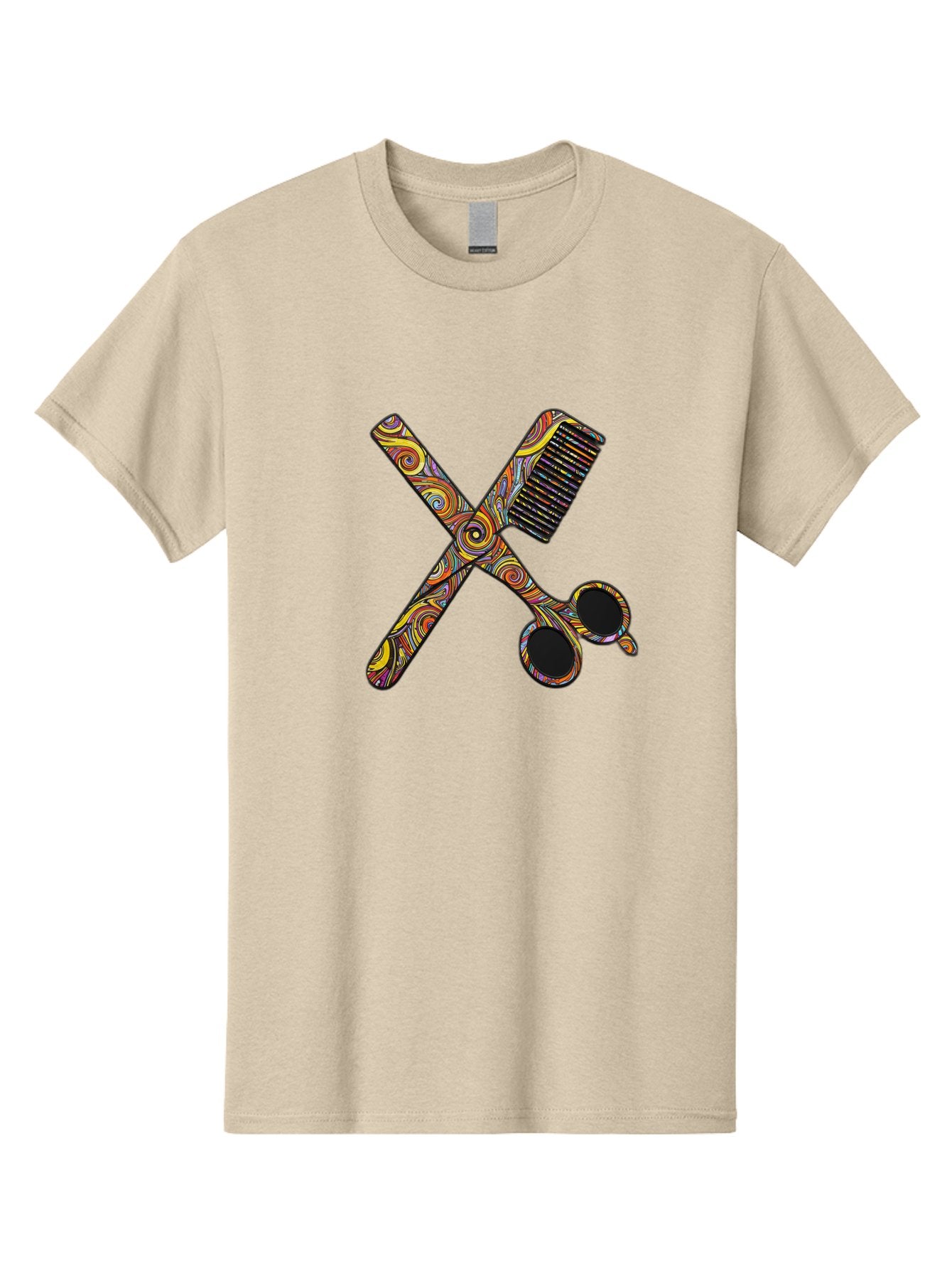 Scissors-And-Comb Men'S Graphic Tee, 100% Cotton, Comfortable Casual Summer Wear, Machine Washable, Colorful Scissors, Hair Comb, Swirly Design, Vibrant Colors, Beauty Tools, Hair Care Accessories, Artistic Patterns, Grooming Essentials Bad519
