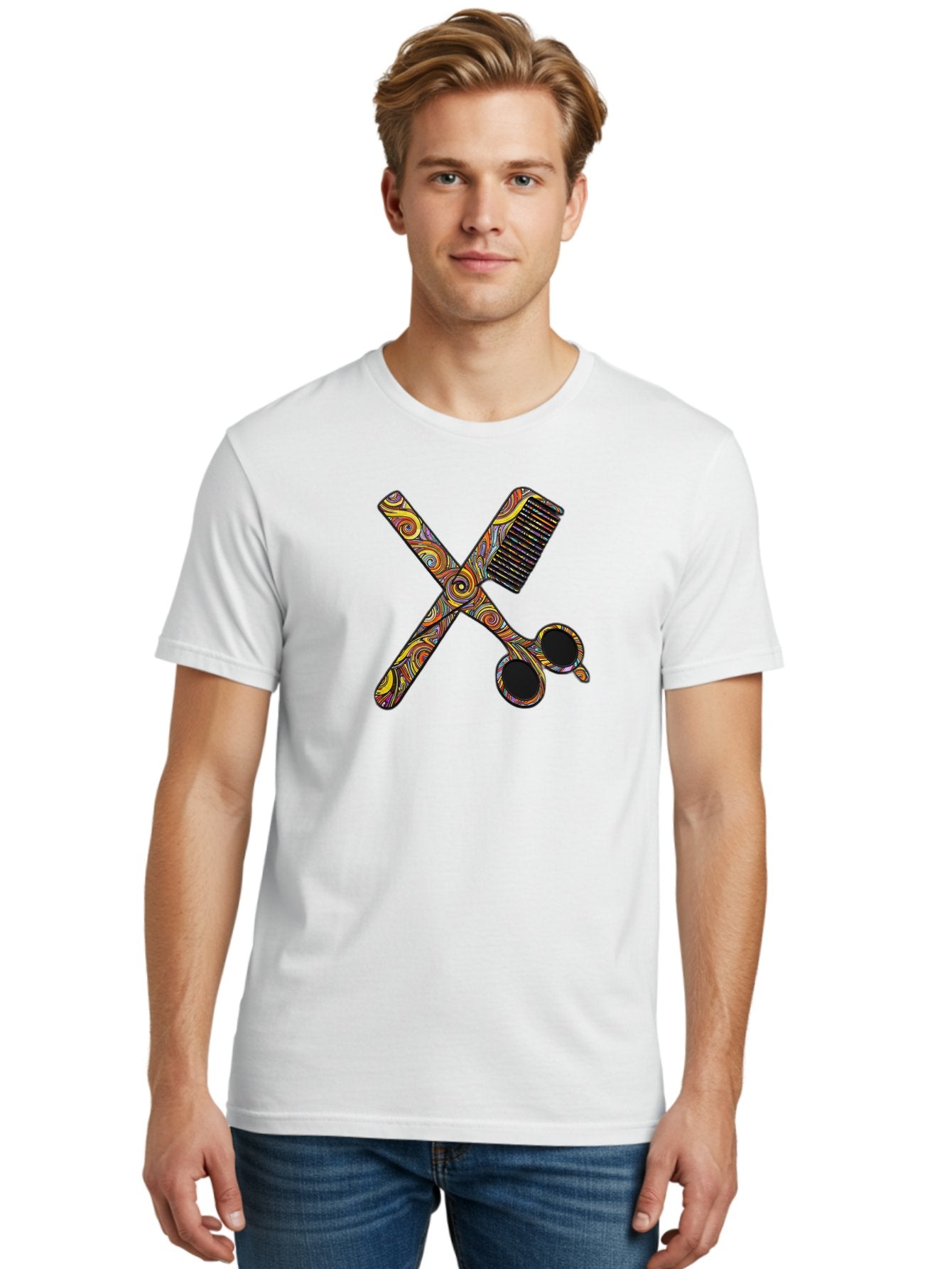 Scissors-And-Comb Men'S Graphic Tee, 100% Cotton, Comfortable Casual Summer Wear, Machine Washable, Colorful Scissors, Hair Comb, Swirly Design, Vibrant Colors, Beauty Tools, Hair Care Accessories, Artistic Patterns, Grooming Essentials Bad519 20