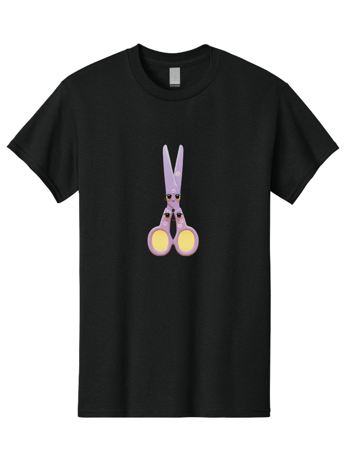 Scissors-Character-1 Men'S Graphic Tee, 100% Cotton, Comfortable Casual Summer Wear, Machine Washable, Cartoon Scissors, Cute, Kawaii, Pastel Purple, Yellow Finger Holes, White Flowers, Cute Faces, Googly Eyes Bad520 12