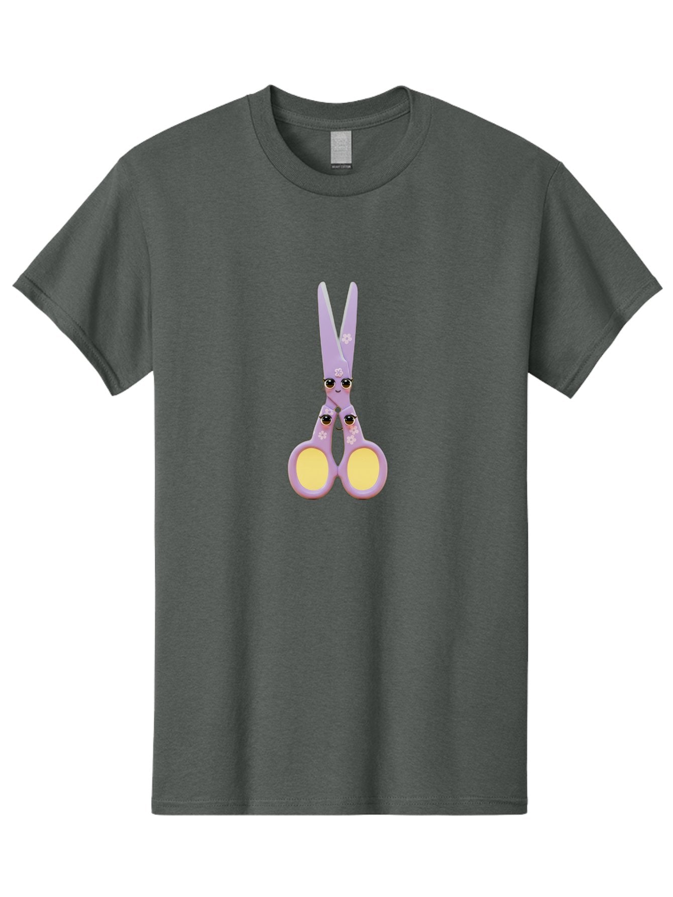 Scissors-Character-1 Men'S Graphic Tee, 100% Cotton, Comfortable Casual Summer Wear, Machine Washable, Cartoon Scissors, Cute, Kawaii, Pastel Purple, Yellow Finger Holes, White Flowers, Cute Faces, Googly Eyes Bad520 5